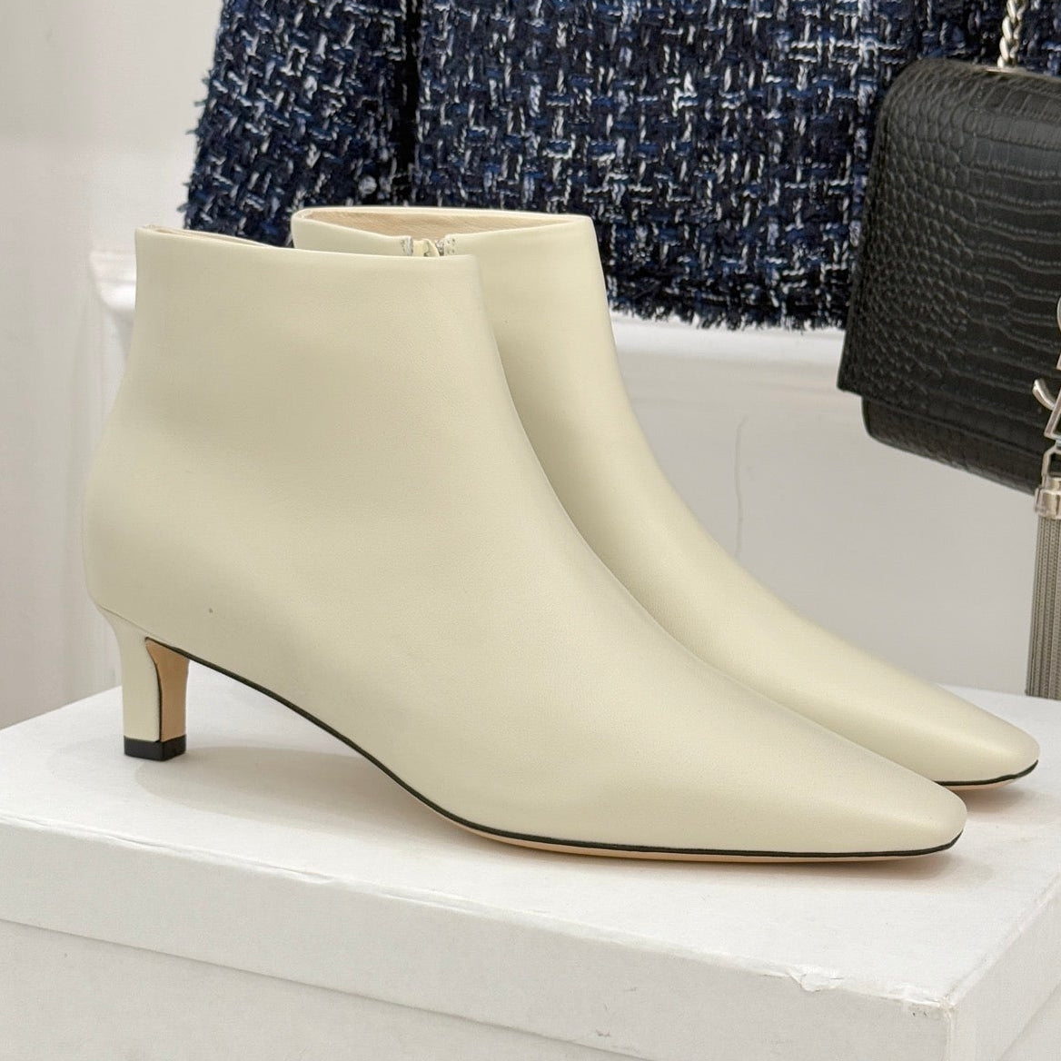 The Row 2025  Square Toe Kitten Heel Ankle Boot White Sheepskin 572053