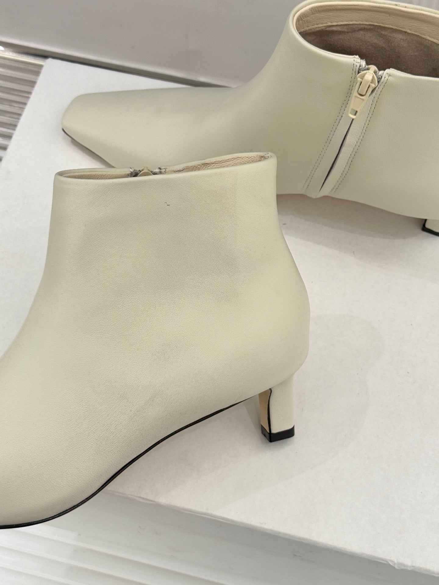 The Row 2025  Square Toe Kitten Heel Ankle Boot White Sheepskin 572053