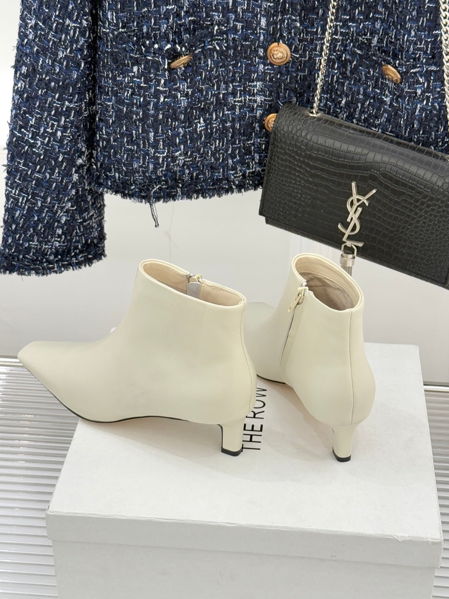 The Row 2025  Square Toe Kitten Heel Ankle Boot White Sheepskin 572053