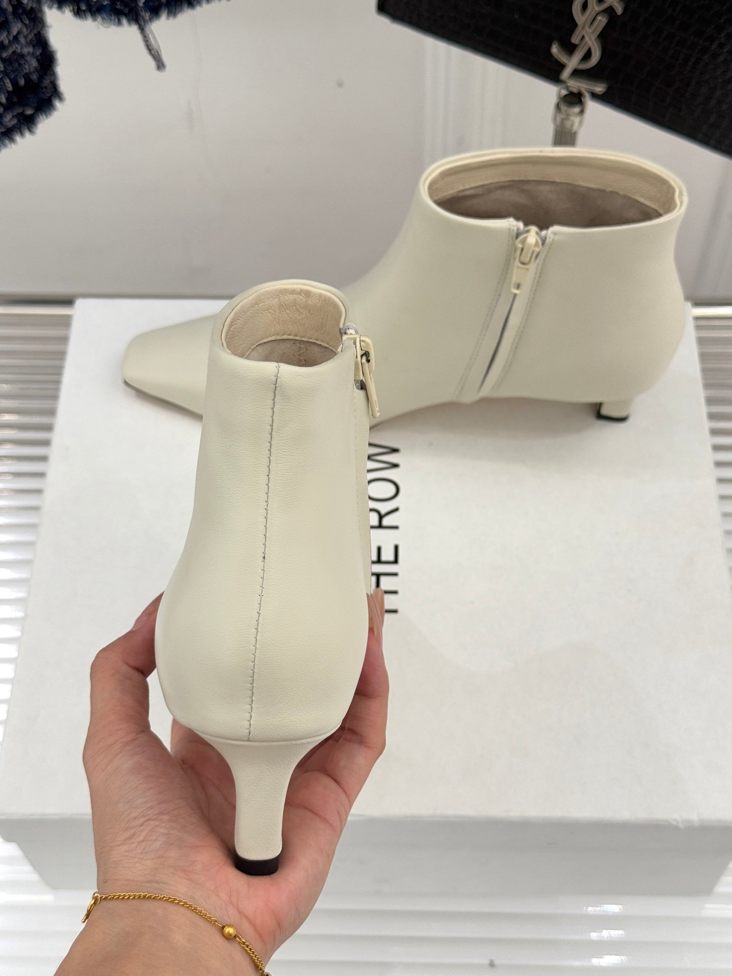 The Row 2025  Square Toe Kitten Heel Ankle Boot White Sheepskin 572053