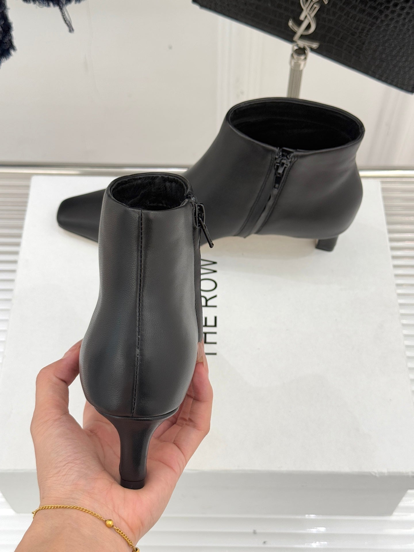 The Row 2025  Square Toe Kitten Heel Ankle Boot Black Sheepskin 572054