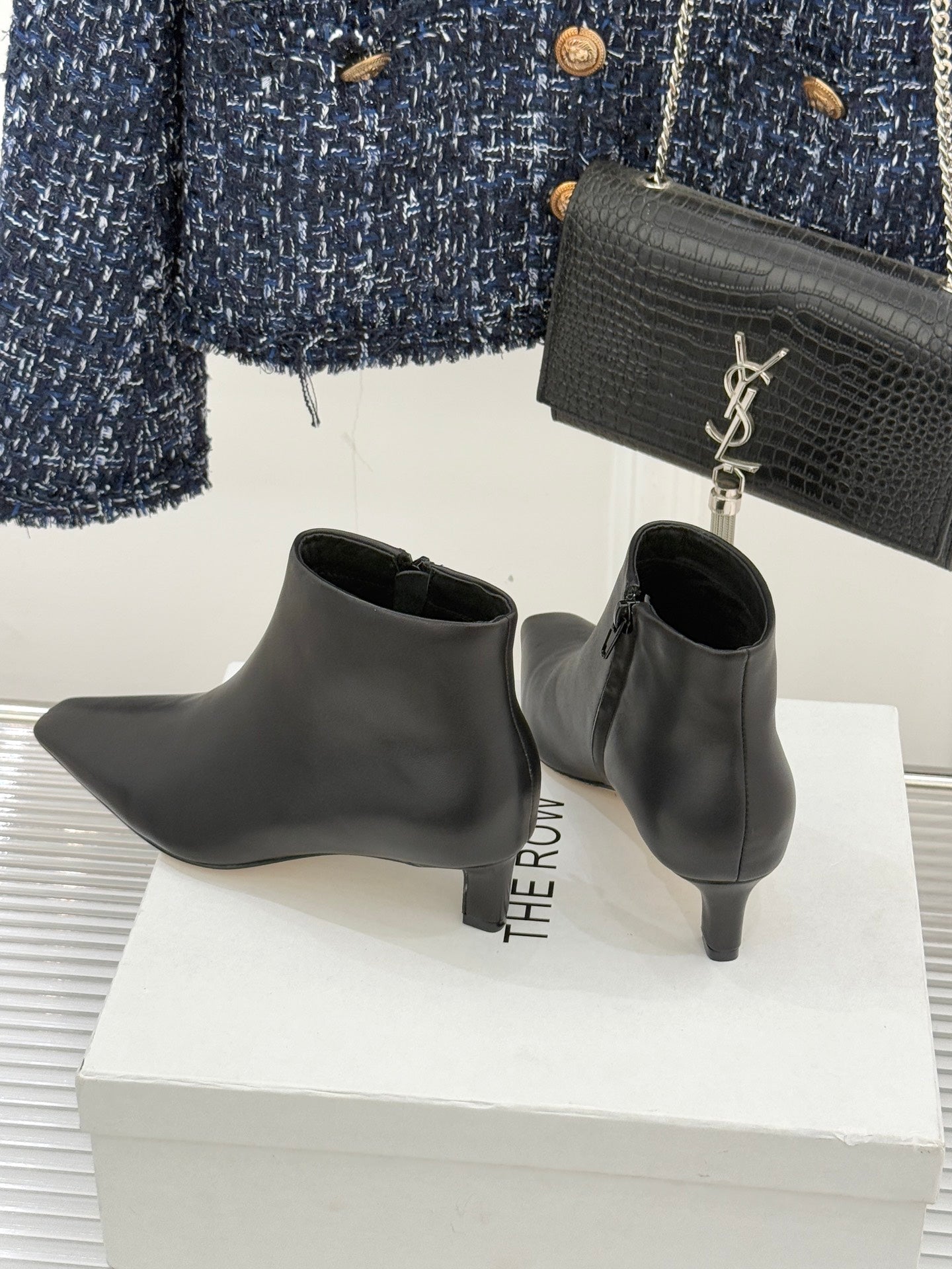 The Row 2025  Square Toe Kitten Heel Ankle Boot Black Sheepskin 572054