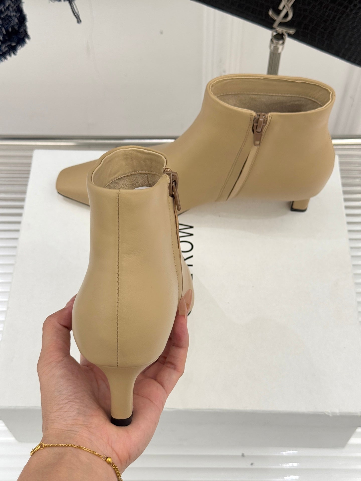 The Row 2025  Square Toe Kitten Heel Ankle Boot Beige Sheepskin 572047