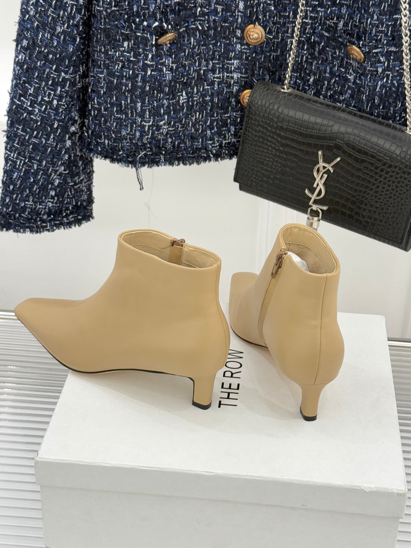 The Row 2025  Square Toe Kitten Heel Ankle Boot Beige Sheepskin 572047