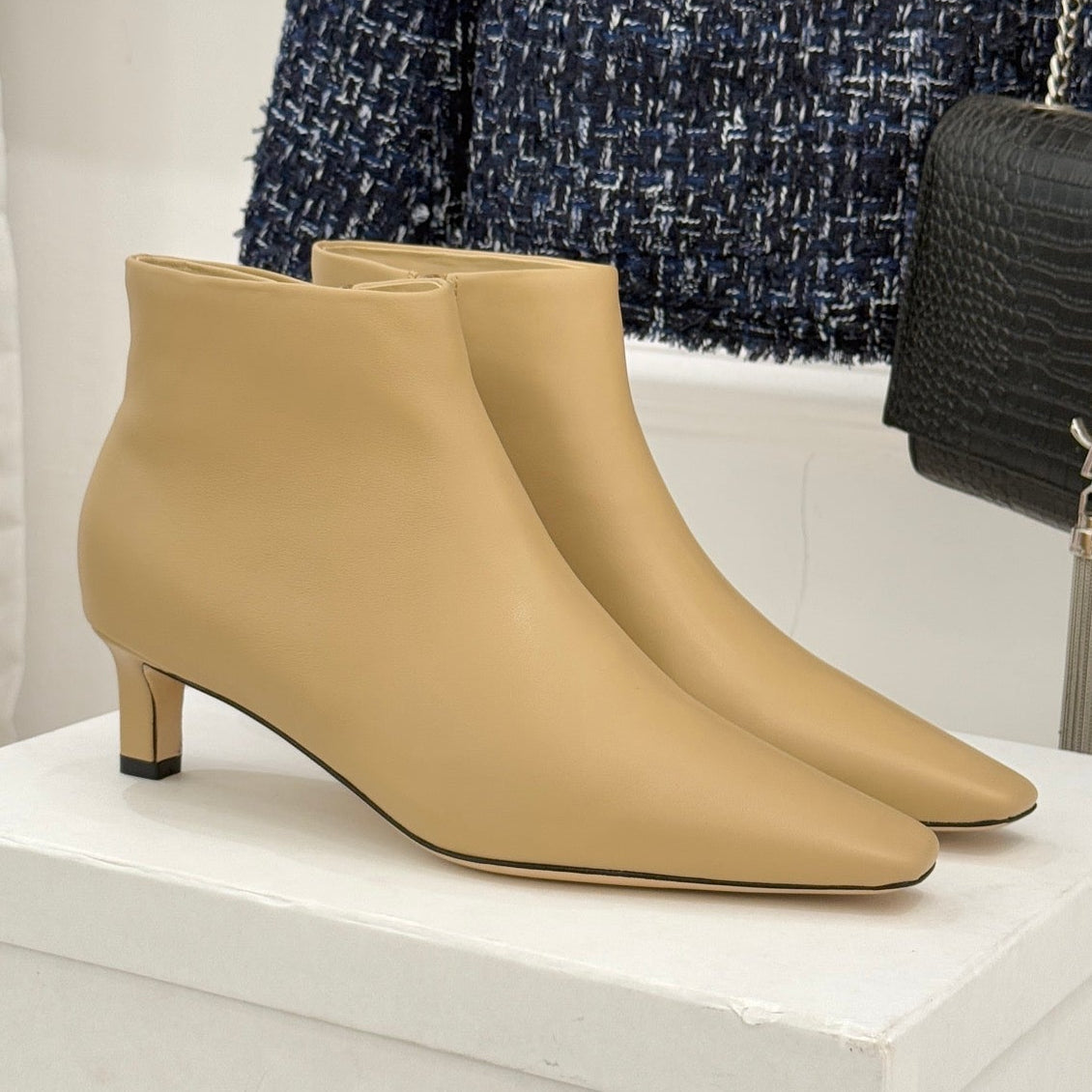 The Row 2025  Square Toe Kitten Heel Ankle Boot Beige Sheepskin 572047