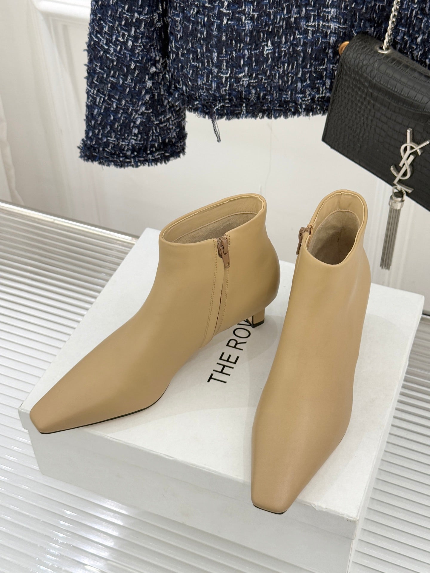 The Row 2025  Square Toe Kitten Heel Ankle Boot Beige Sheepskin 572047