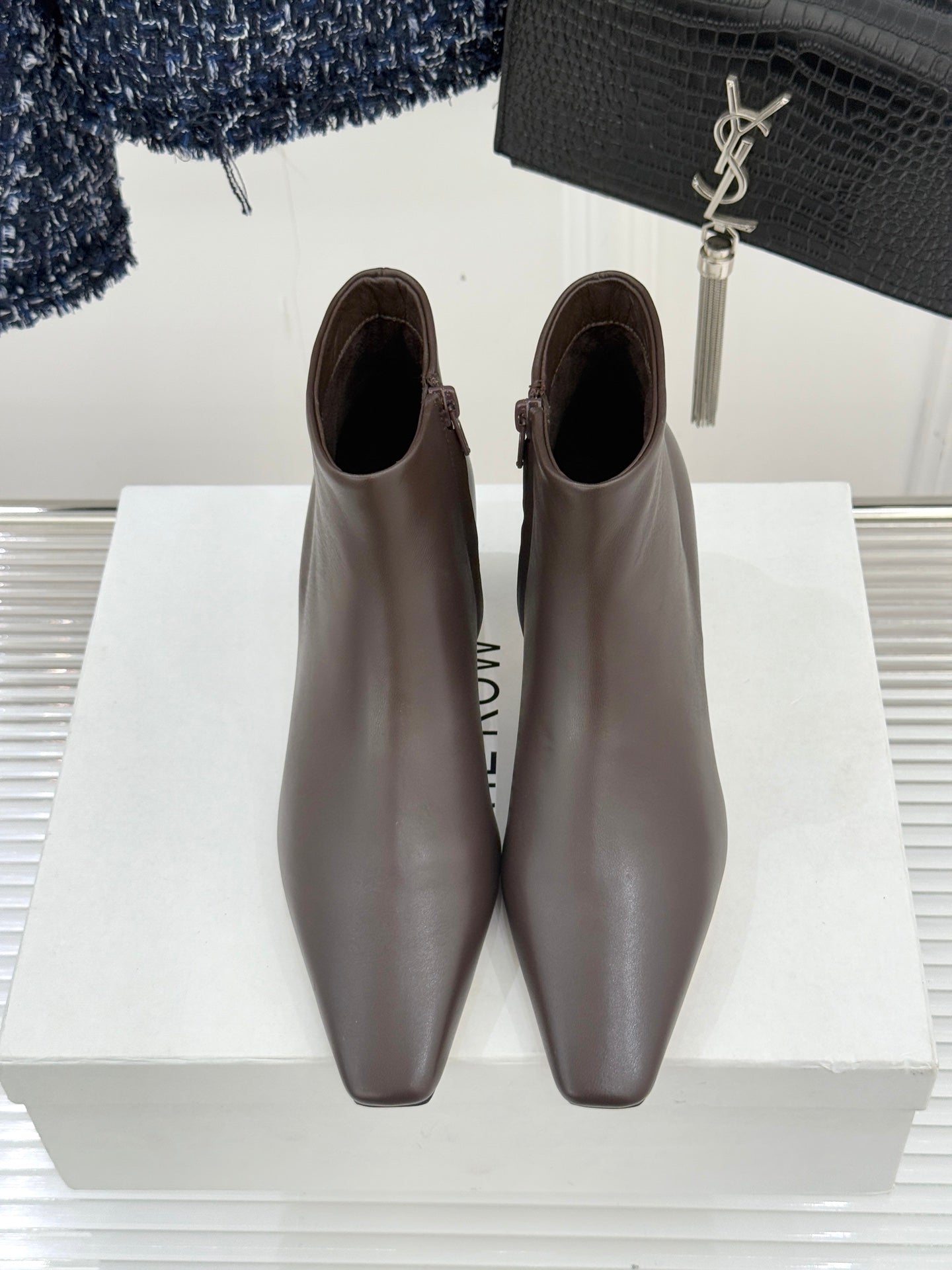 The Row 2025  Square Toe Kitten Heel Ankle Boot Dark Brown Sheepskin 572048