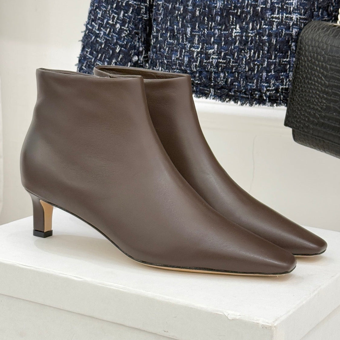 The Row 2025  Square Toe Kitten Heel Ankle Boot Dark Brown Sheepskin 572048