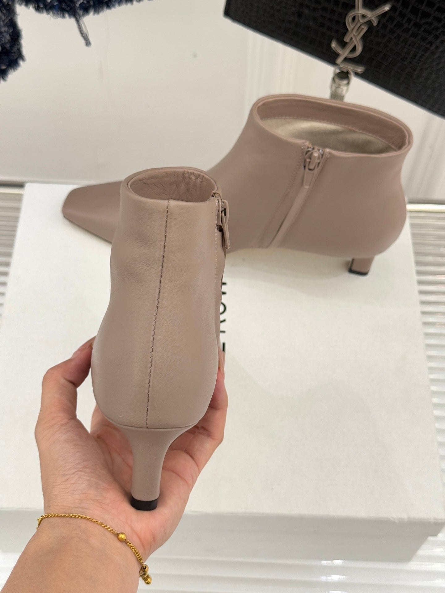 The Row 2025  Square Toe Kitten Heel Ankle Boot Nude Sheepskin 572049