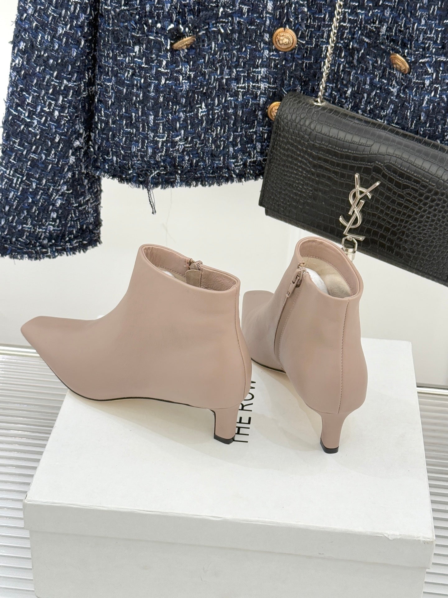 The Row 2025  Square Toe Kitten Heel Ankle Boot Nude Sheepskin 572049