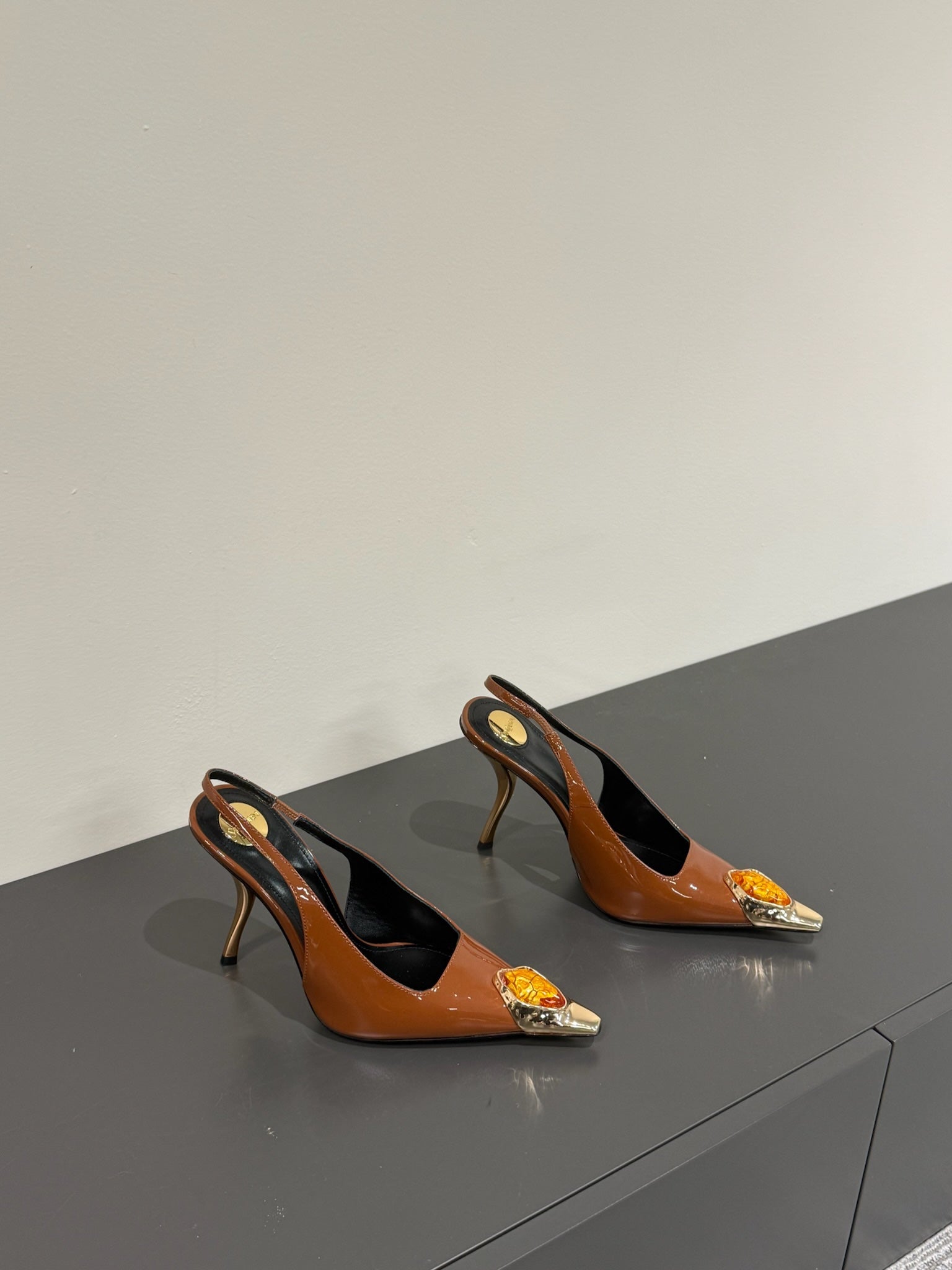 ORANGE GEM-STUDDED SLINGBACK PUMPS IN BRONZE BROWN PATENT CALFSKIN