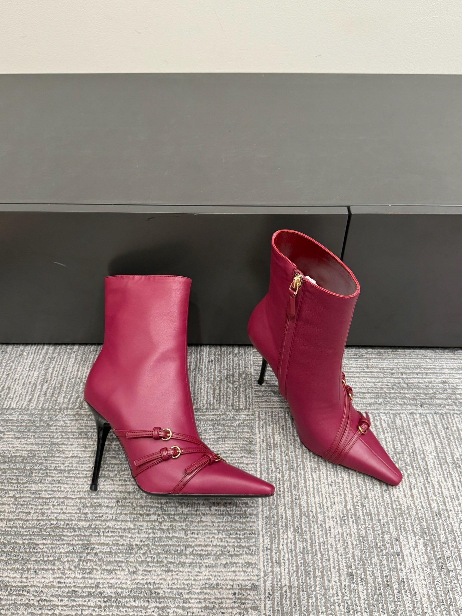 Miu 90 short boots deep magenta or berry cowhide 417984