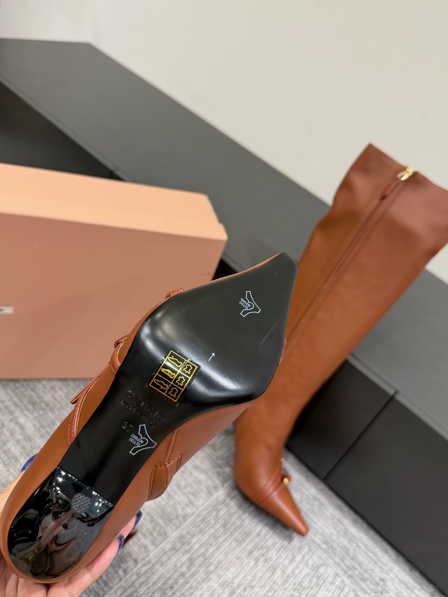 Miu 90 knee high boots brown cowhide