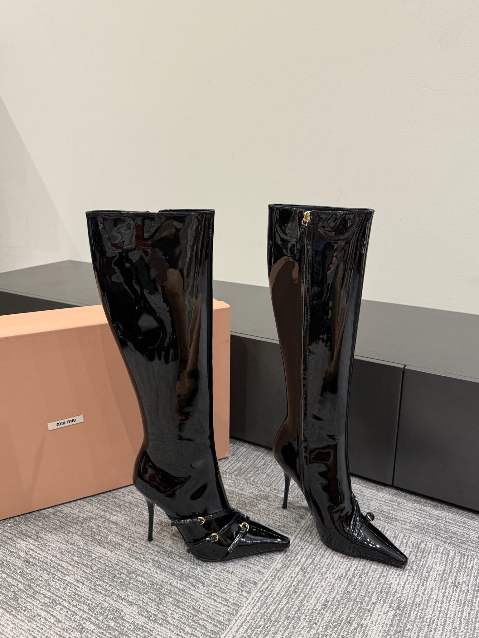 Miu 90 knee high boots black patent leather