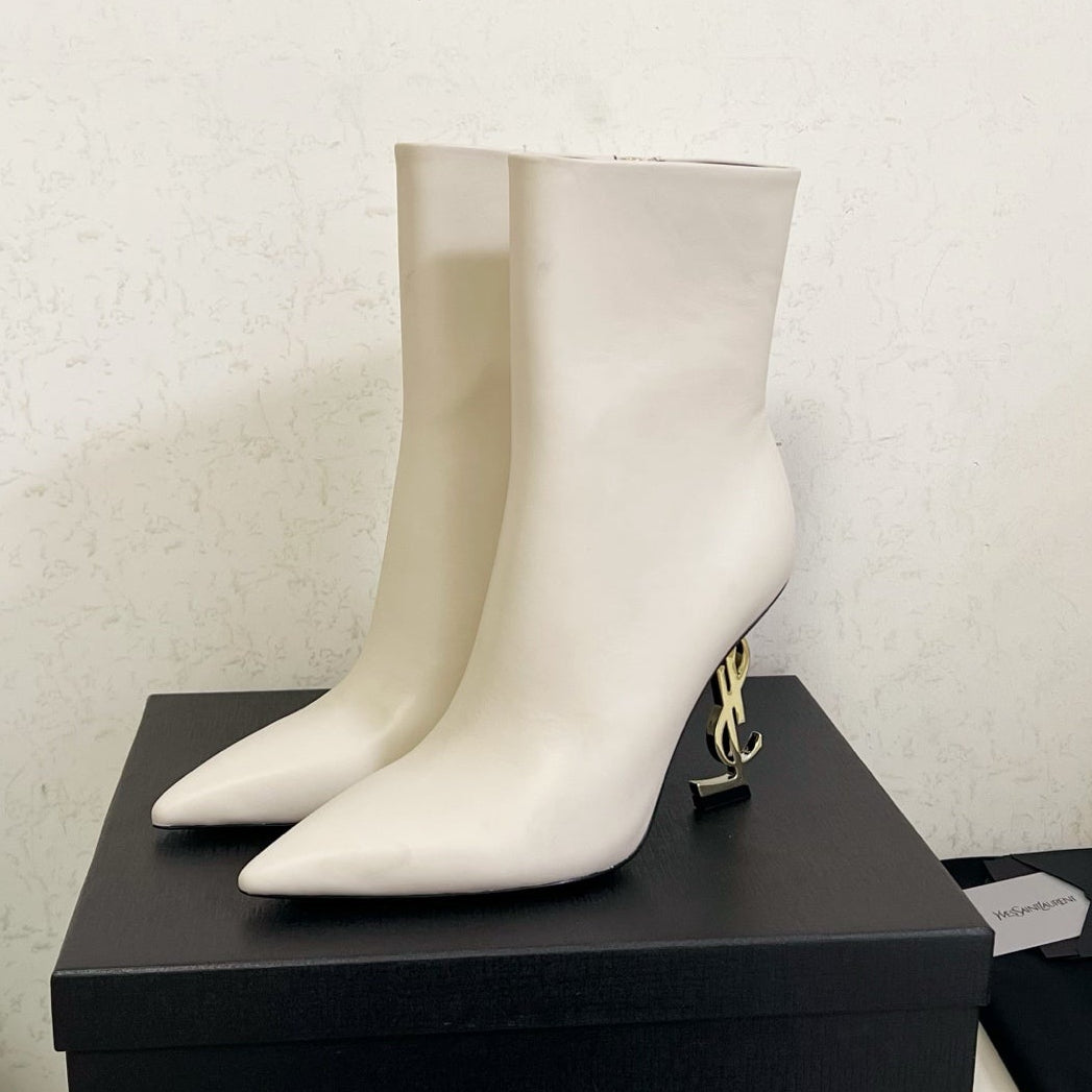 YSL 2025 Logo Metal Heel Ankle Boot White Cowhide 575003