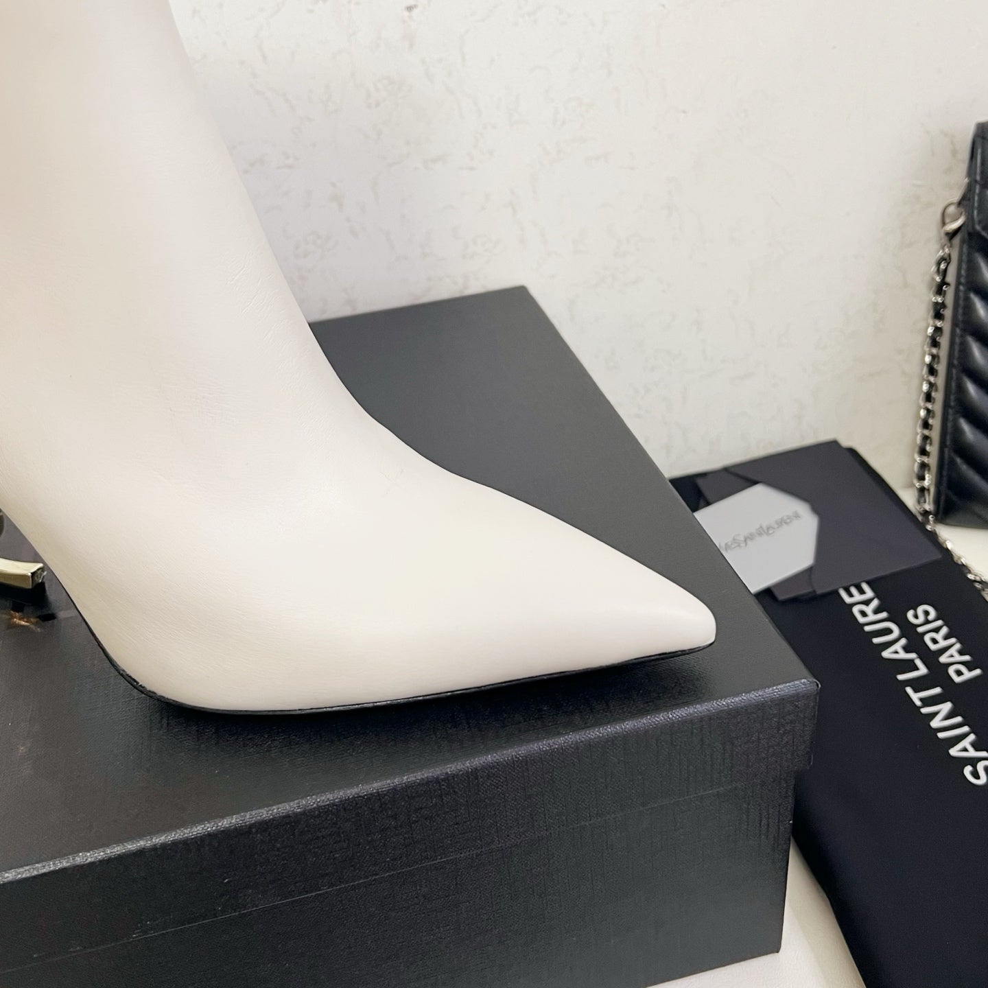 YSL 2025 Logo Metal Heel Ankle Boot White Cowhide 575003