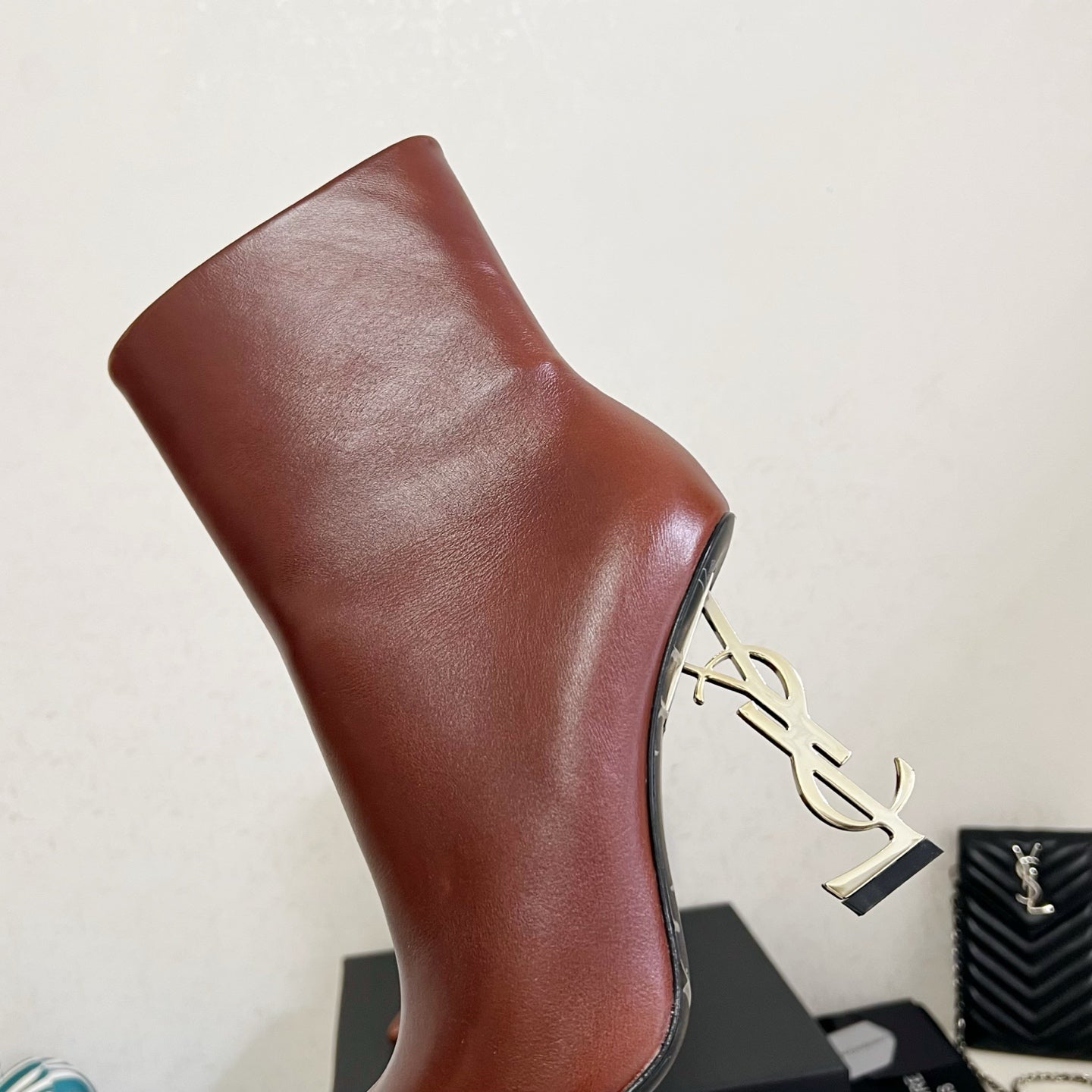 YSL 2025 Logo Metal Heel Ankle Boot Brown Cowhide 575004