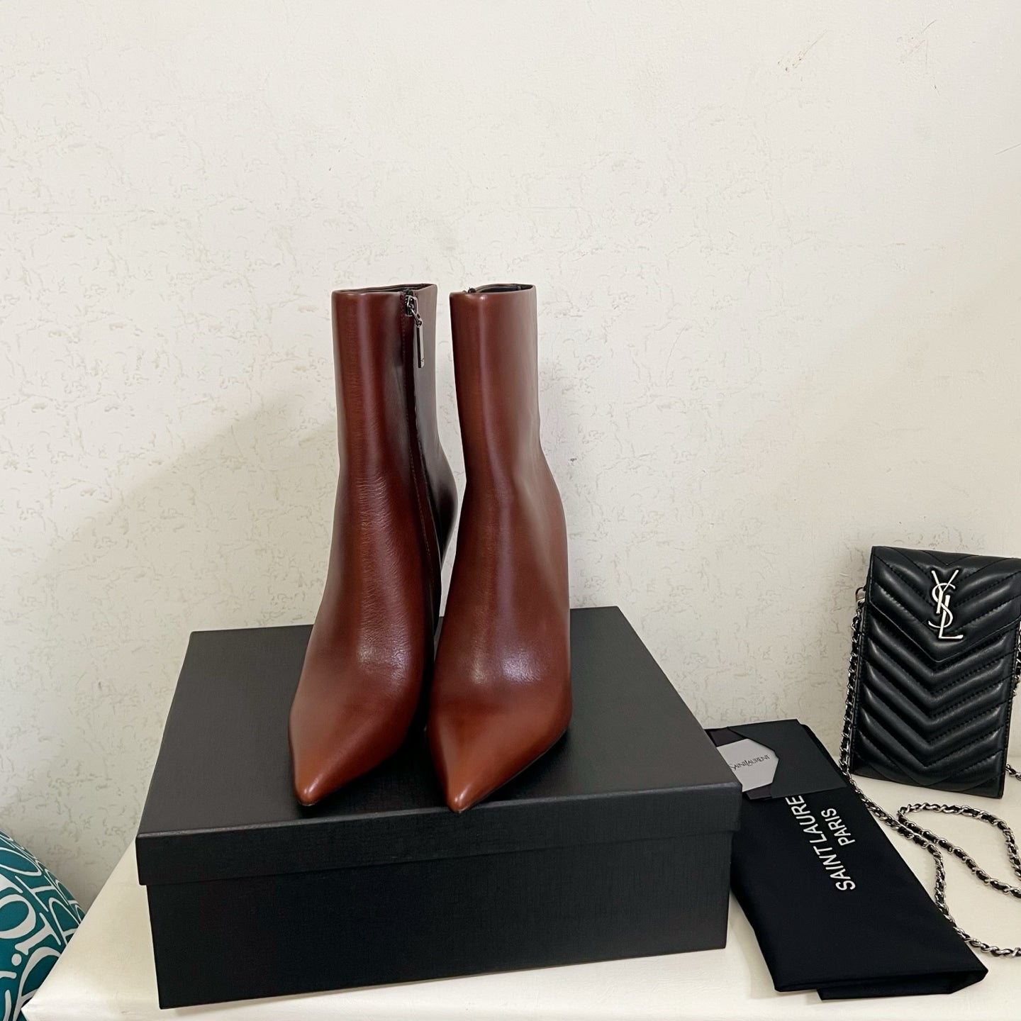 YSL 2025 Logo Metal Heel Ankle Boot Brown Cowhide 575004