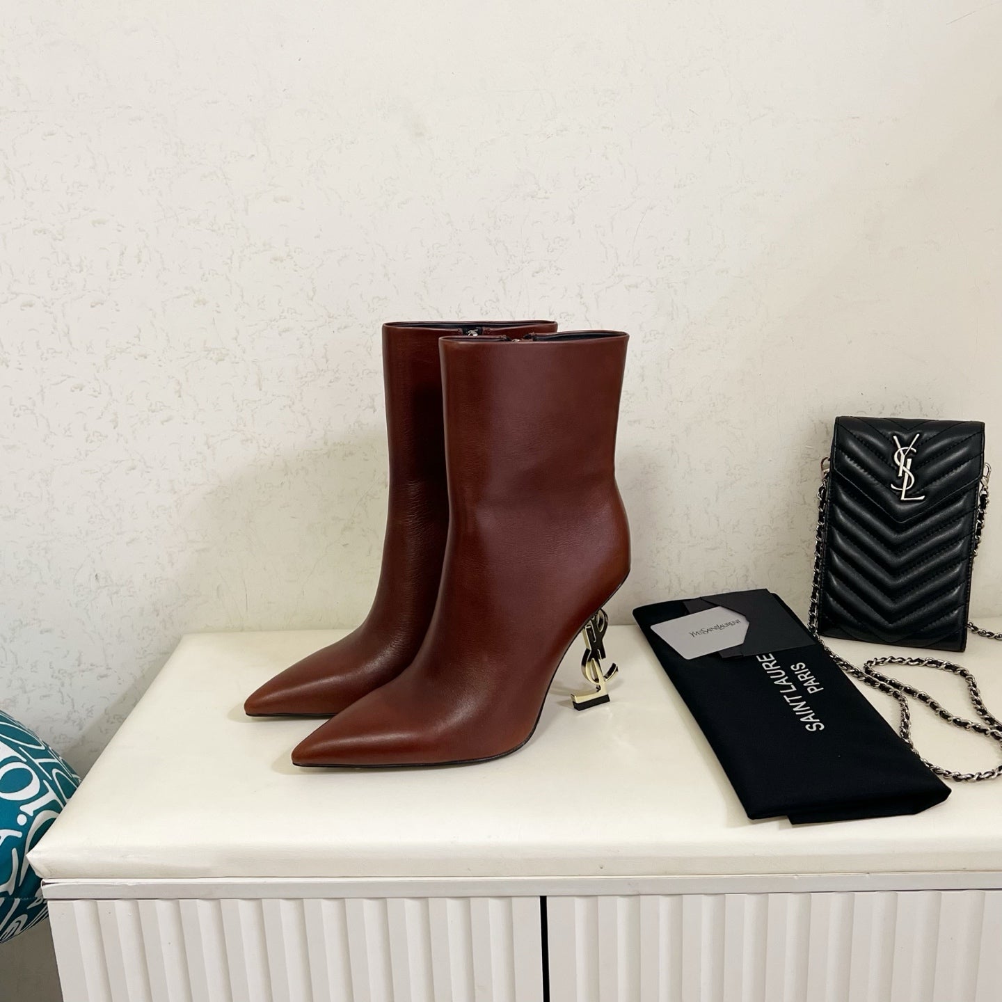 YSL 2025 Logo Metal Heel Ankle Boot Brown Cowhide 575004