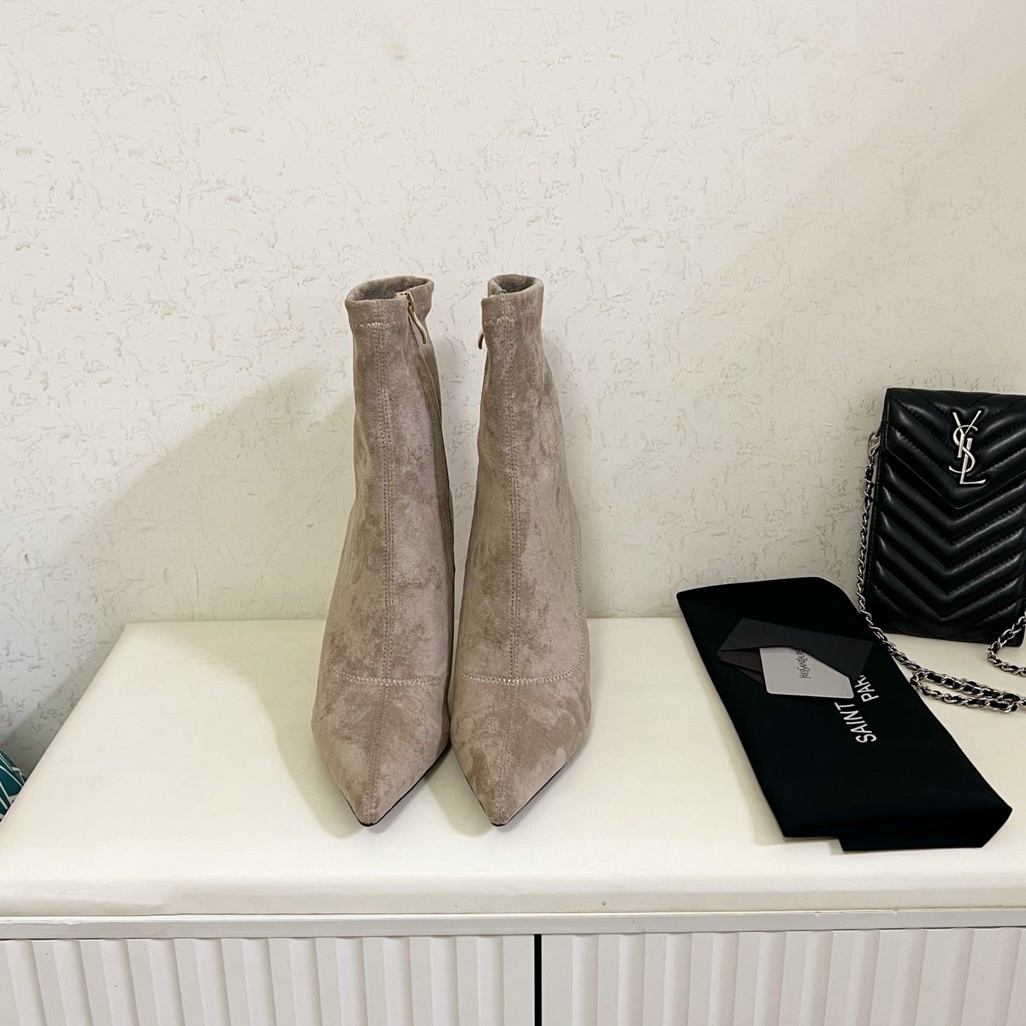 YSL 2025 Opyum 110mm Heel Ankle Boot Beige Suede 575007