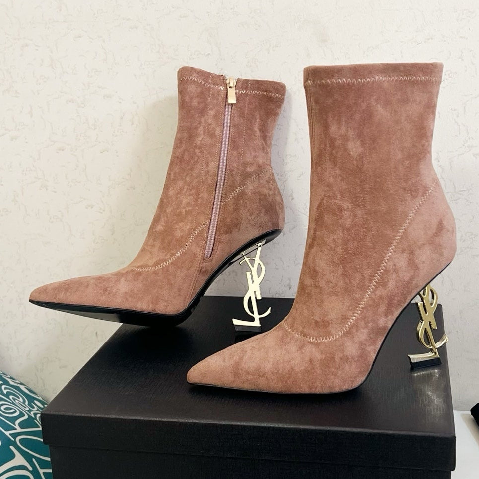 YSL 2025 Opyum 110mm Heel Ankle Boot Light Brown Suede 575012