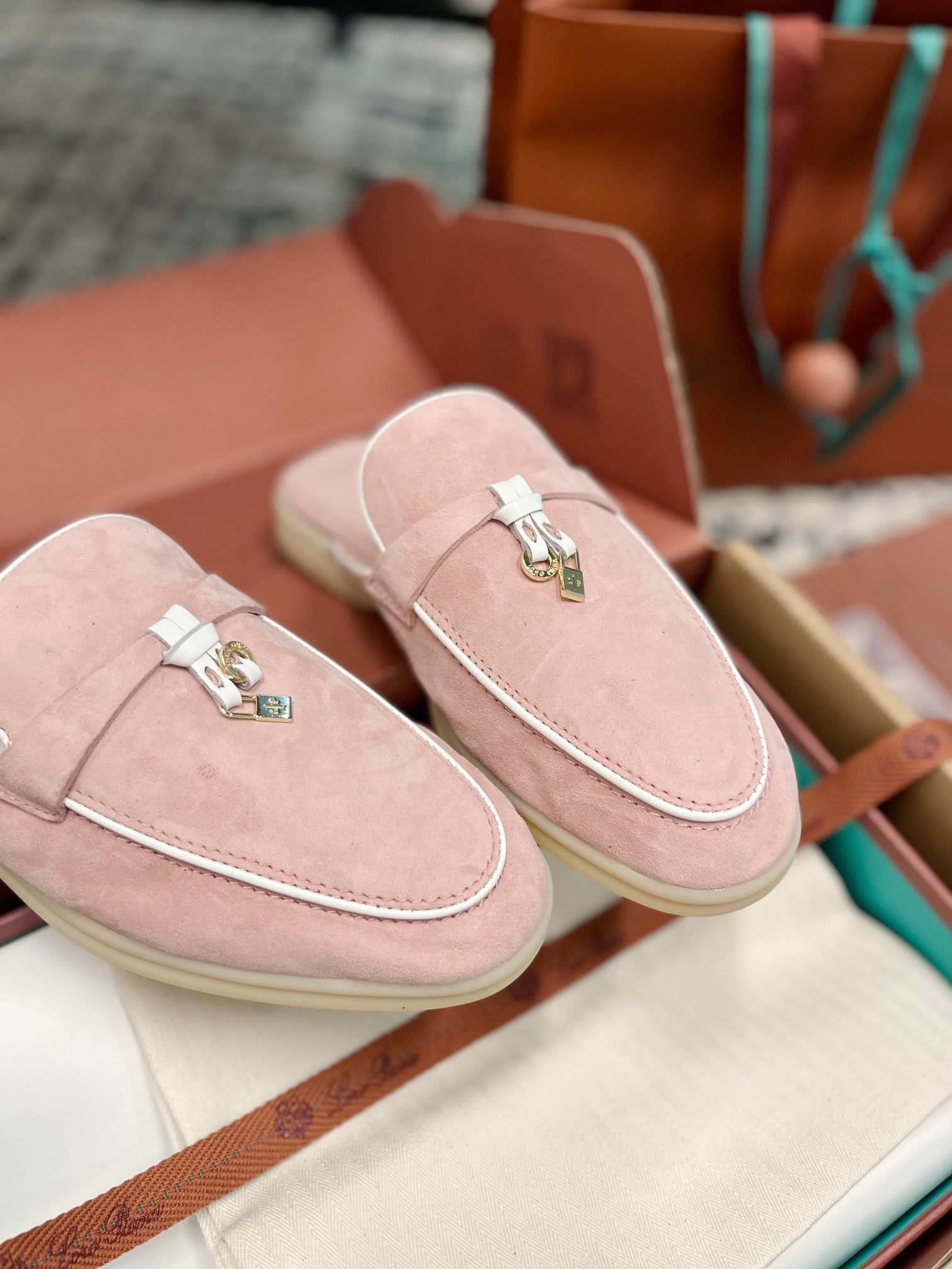 Loro Piana Light Pink White Suede Charms Walk Flat Mules