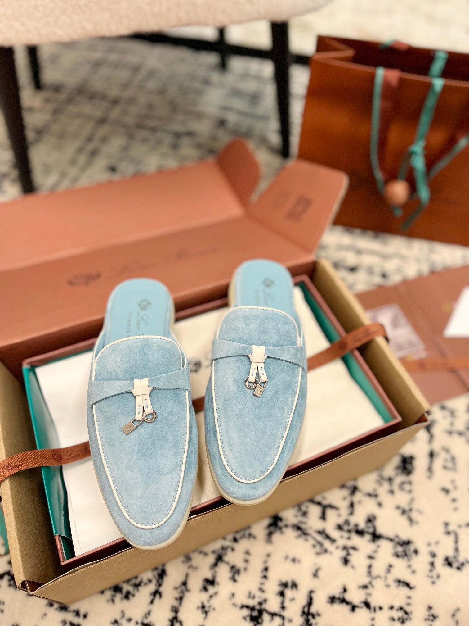 Loro Piana Blue Sky White Suede Charms Walk Flat Mules