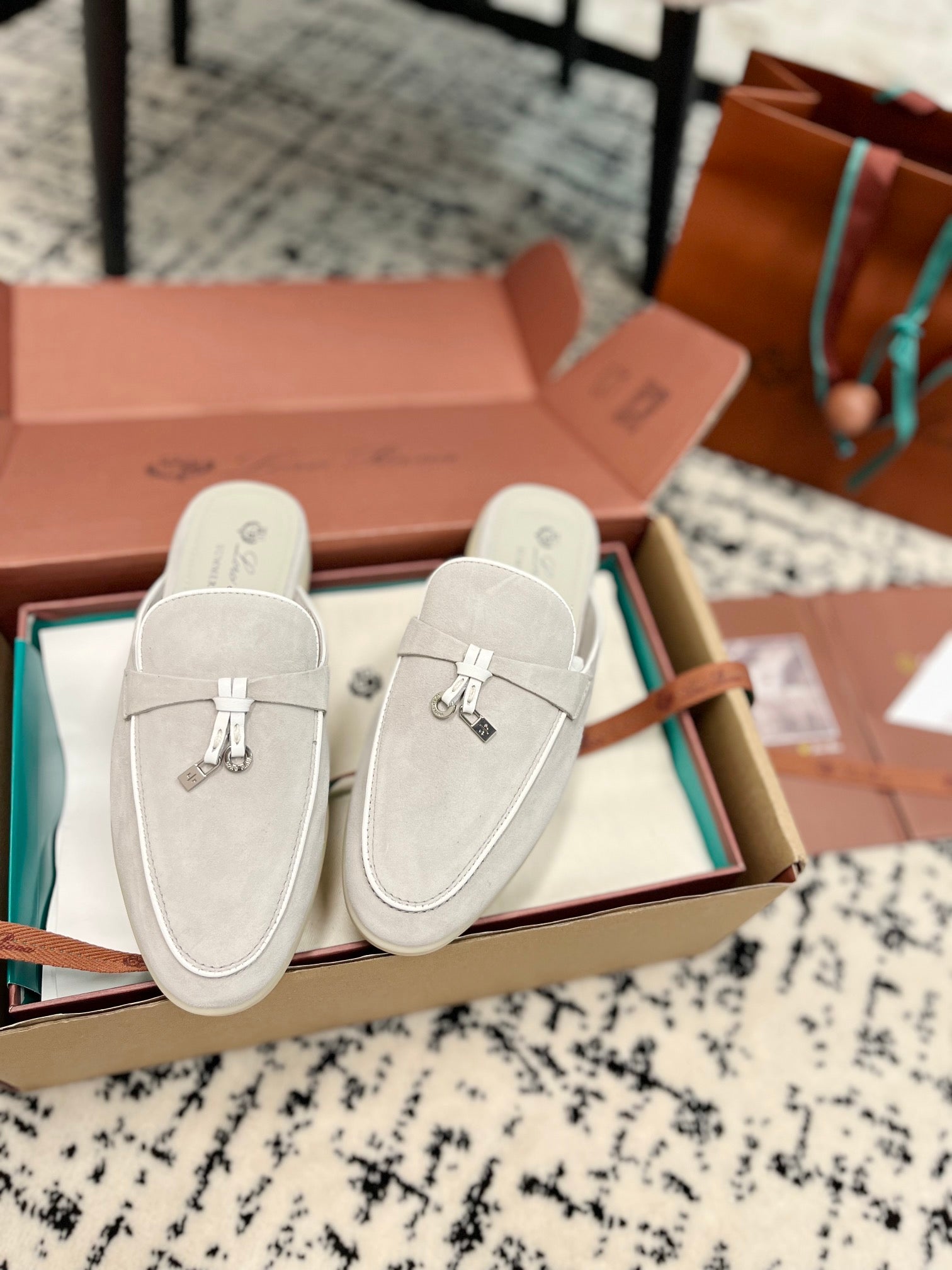 Loro Piana Grey White Suede Charms Walk Flat Mules