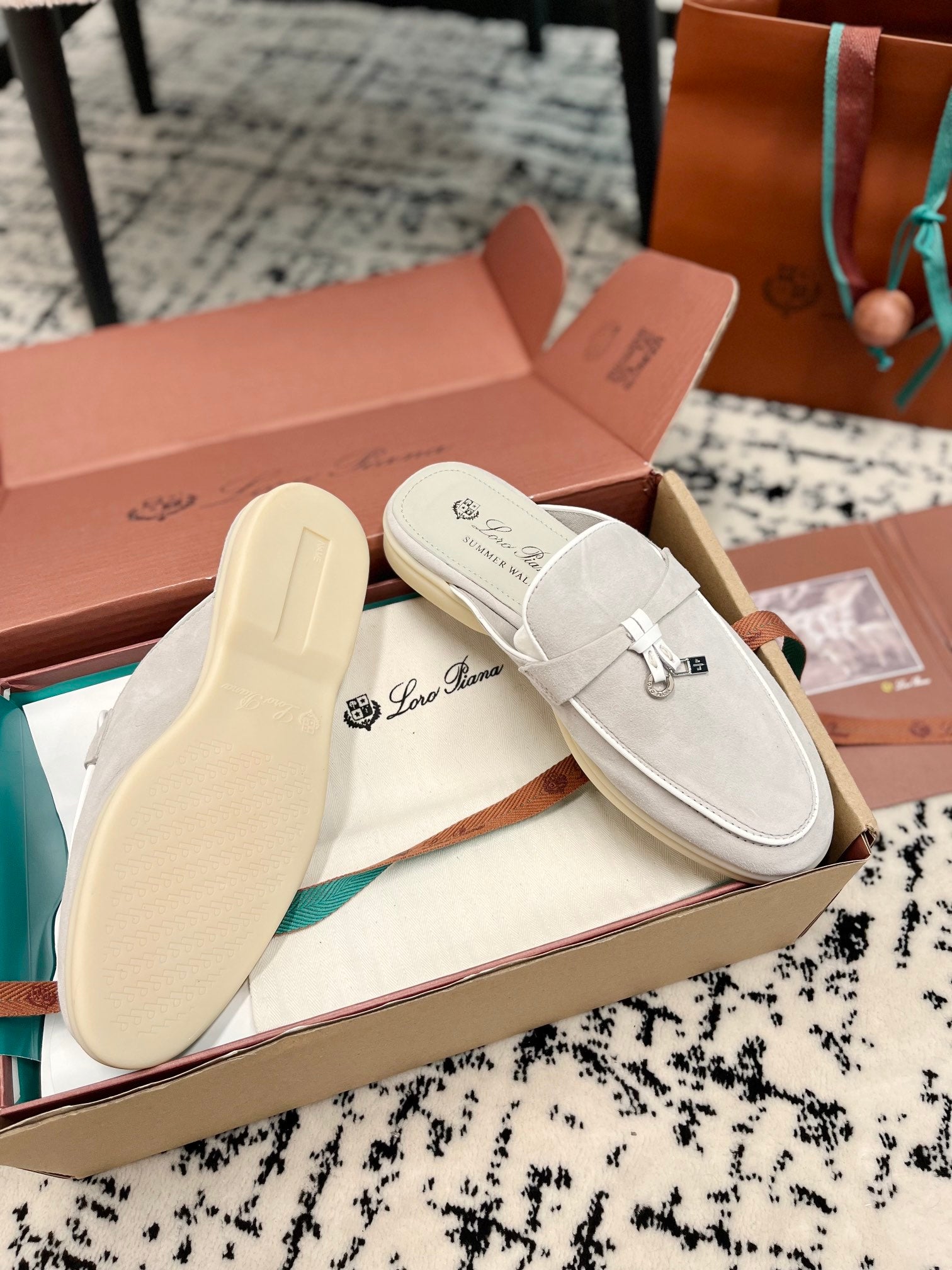 Loro Piana Grey White Suede Charms Walk Flat Mules