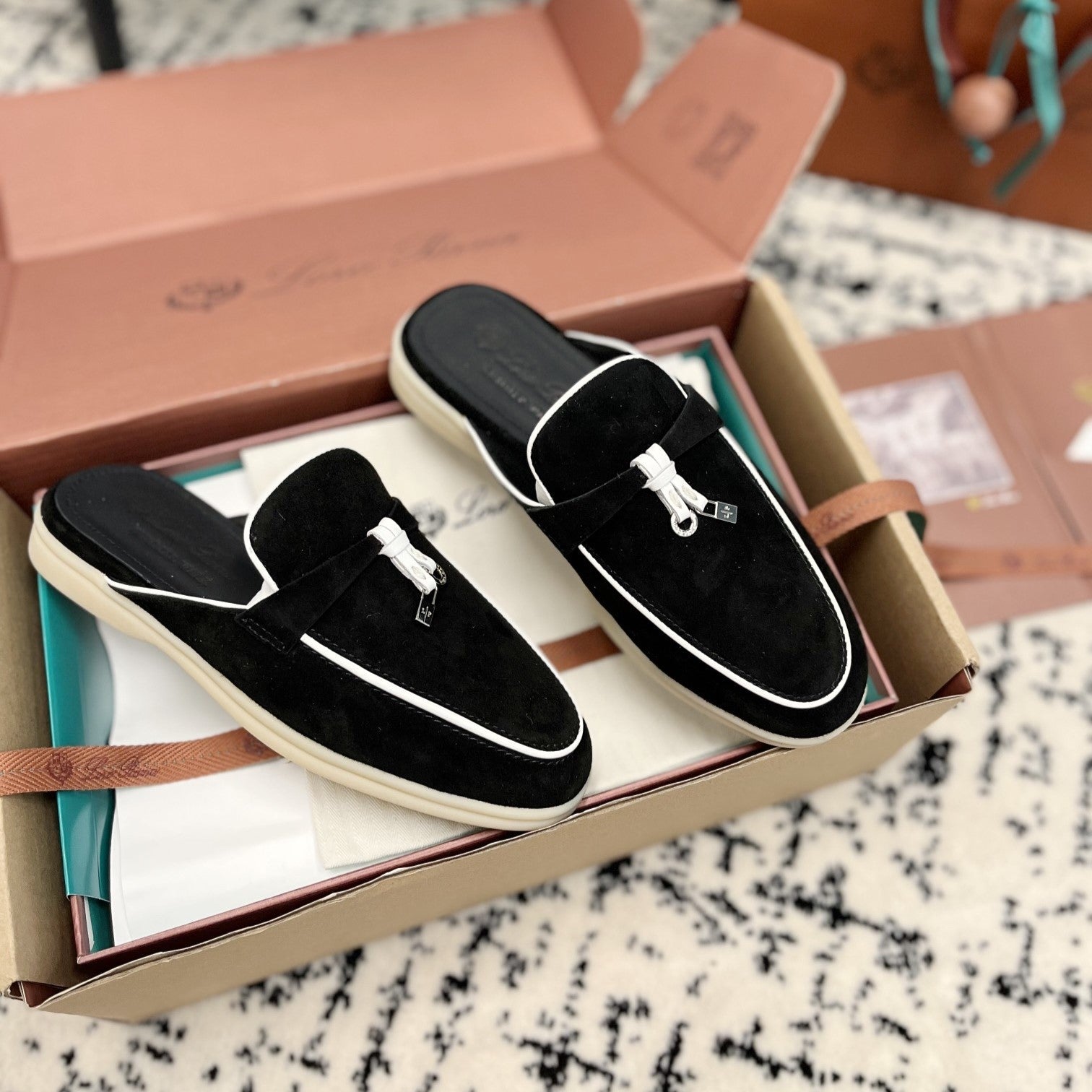 Loro Piana Black White Suede Charms Walk Flat Mules