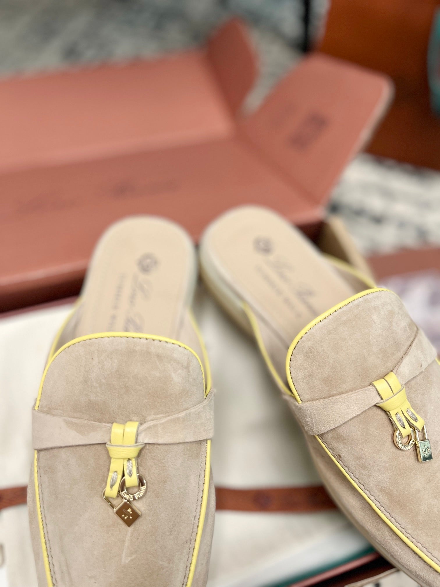Loro Piana Beige Yellow Suede Charms Walk Flat Mules