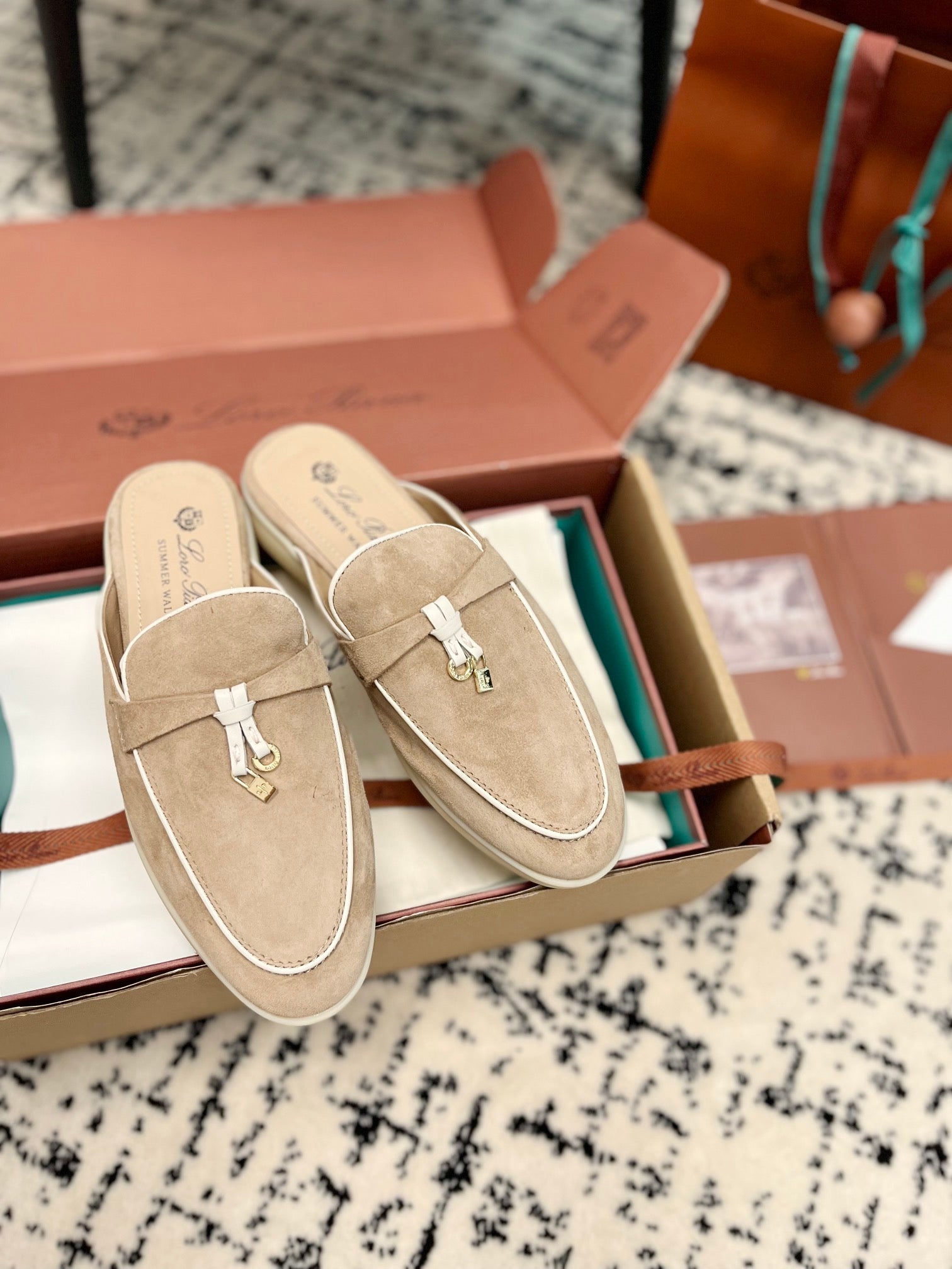 Loro Piana Beige White Suede Charms Walk Flat Mules