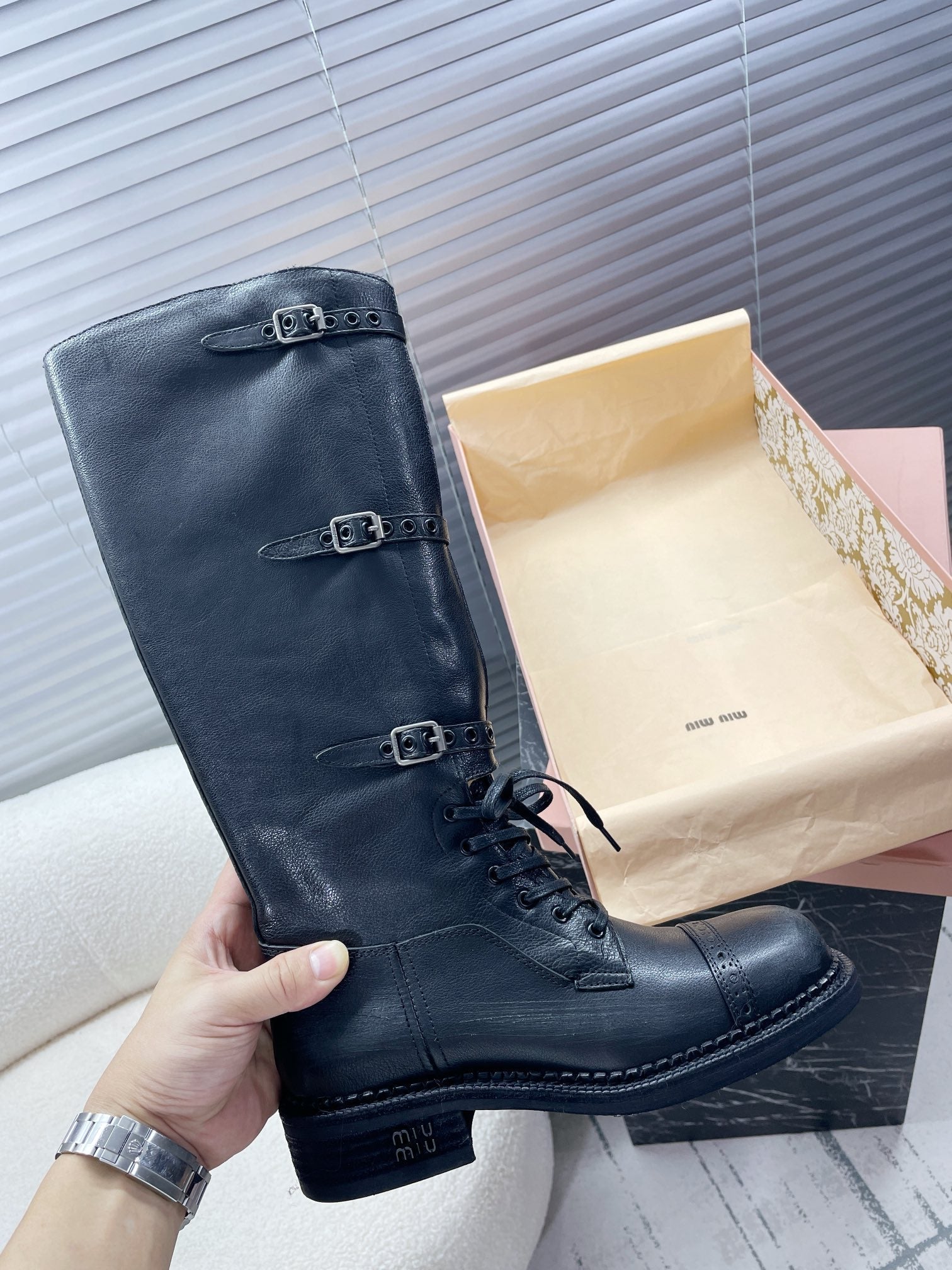 Miu High Boots Black Calfskin