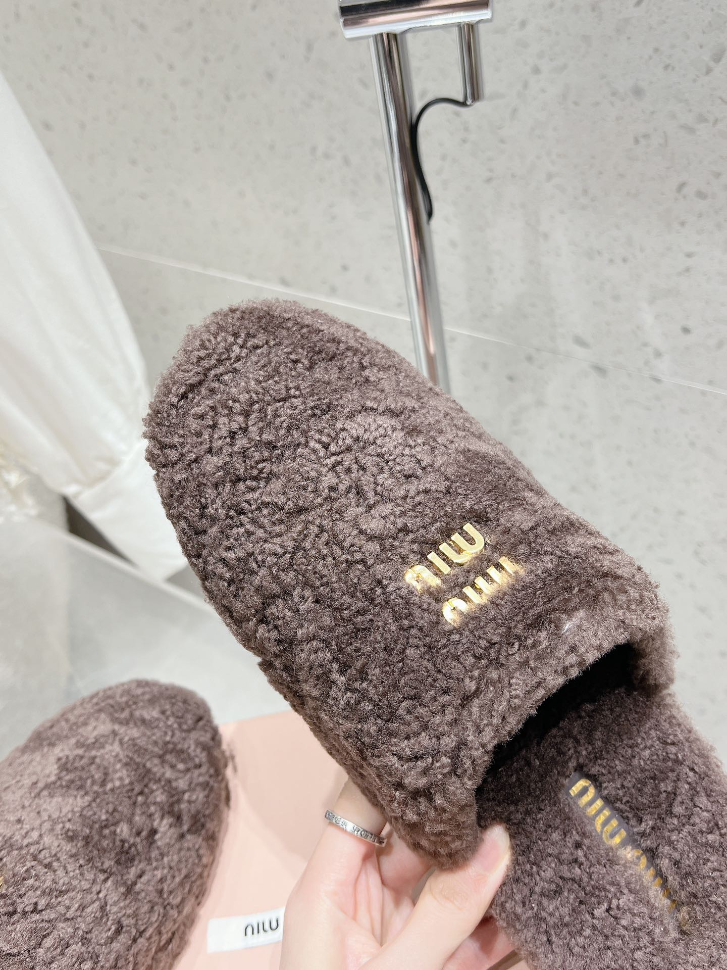 Miu Slippers Brown Earth Wool Fabric