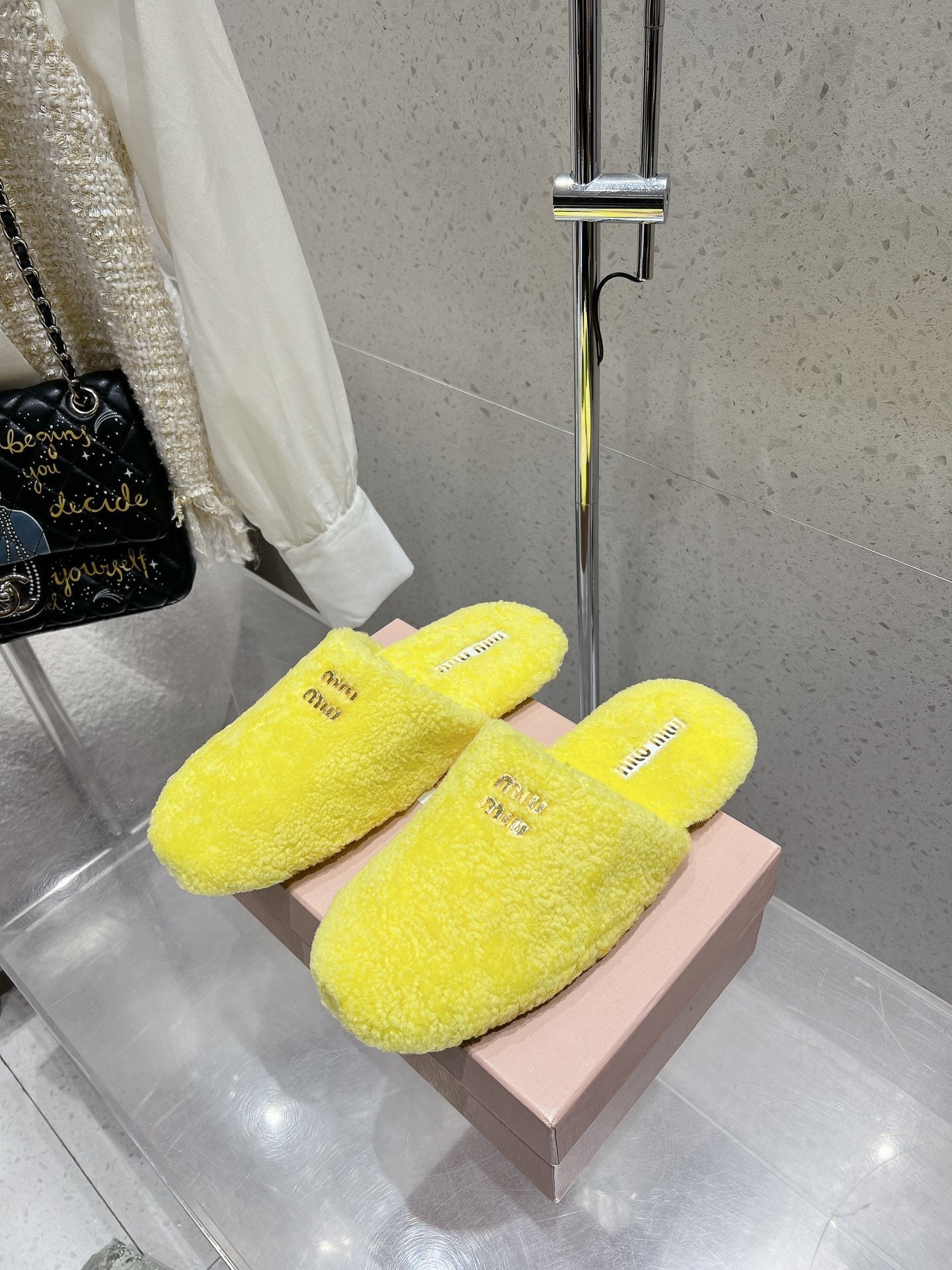Miu Slippers Lemon Yellow Wool Fabric