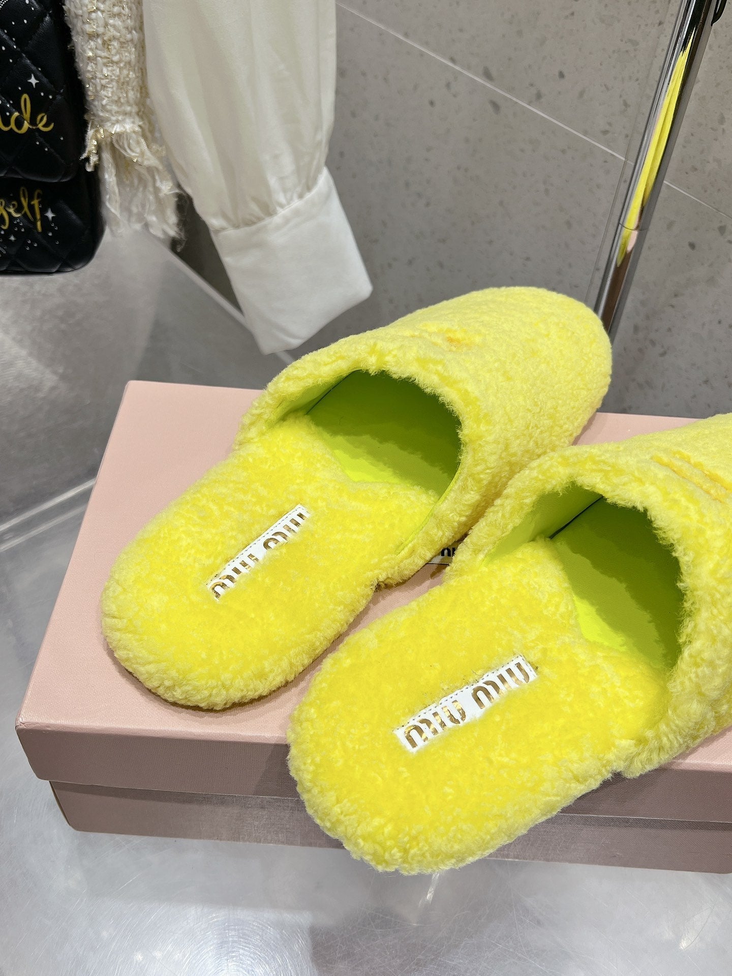 Miu Slippers Lemon Yellow Wool Fabric