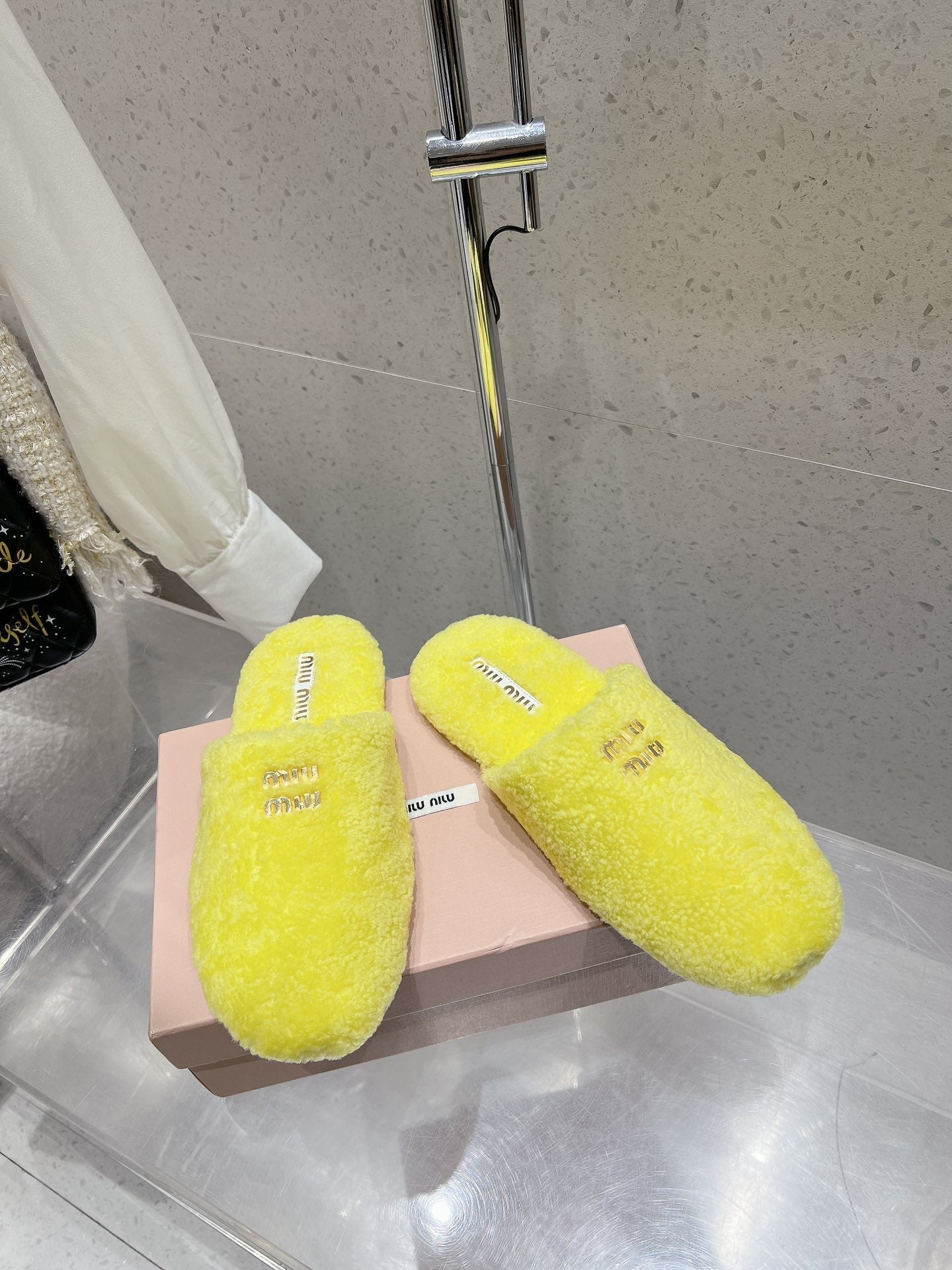 Miu Slippers Lemon Yellow Wool Fabric