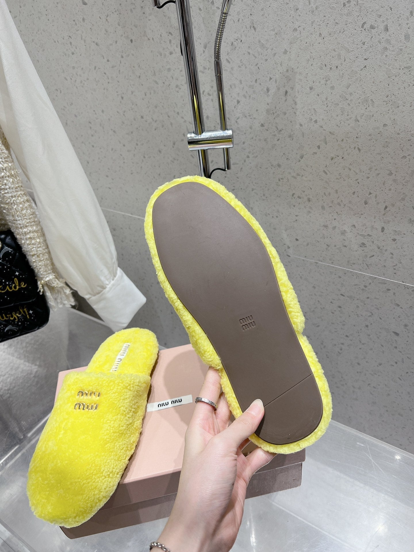 Miu Slippers Lemon Yellow Wool Fabric