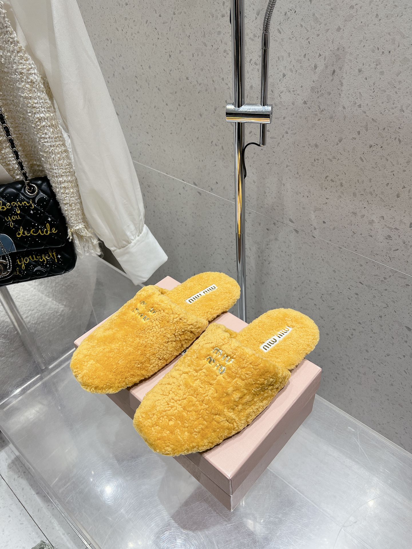 Miu Slippers Dark Yellow Wool Fabric