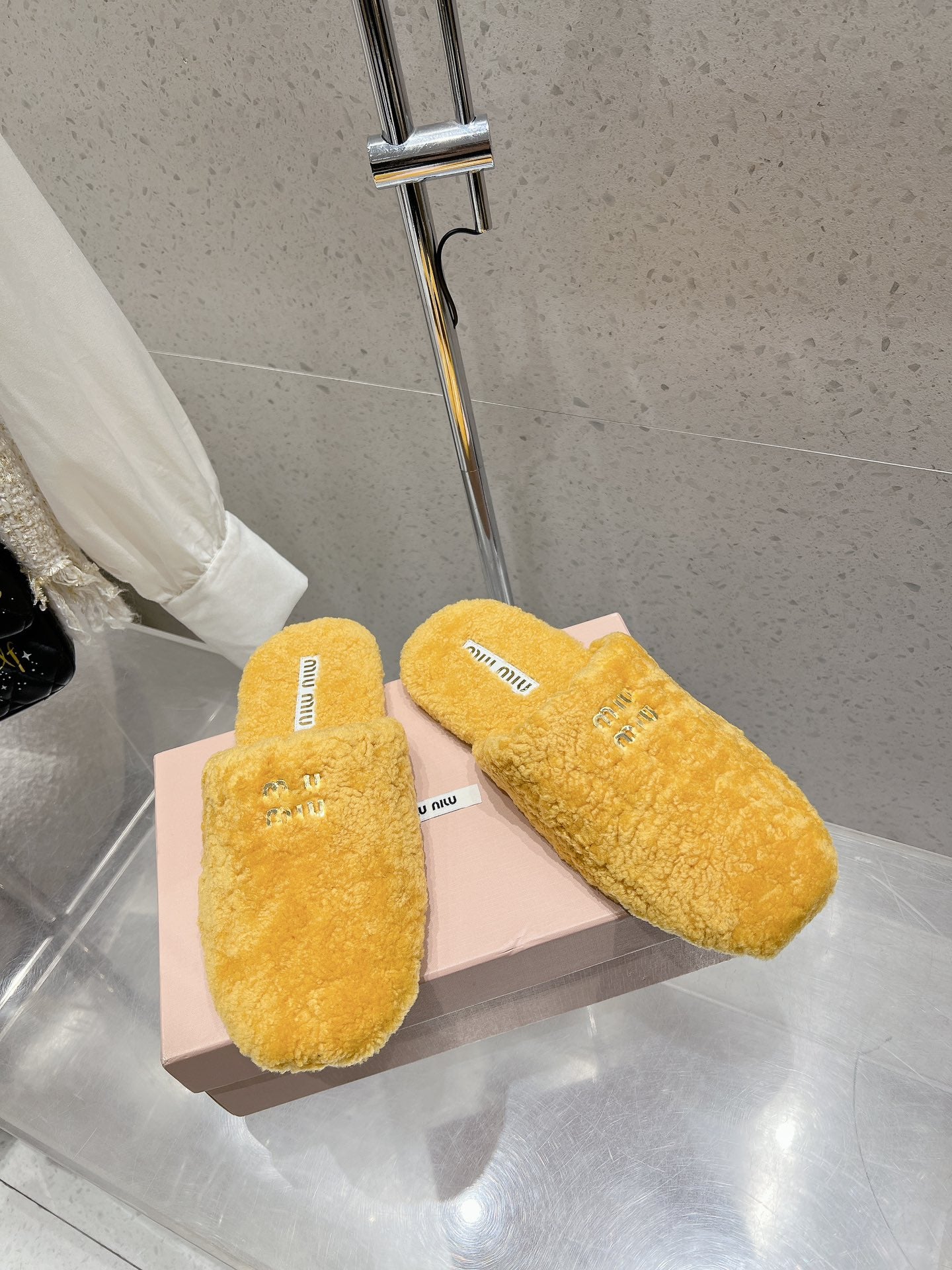 Miu Slippers Dark Yellow Wool Fabric