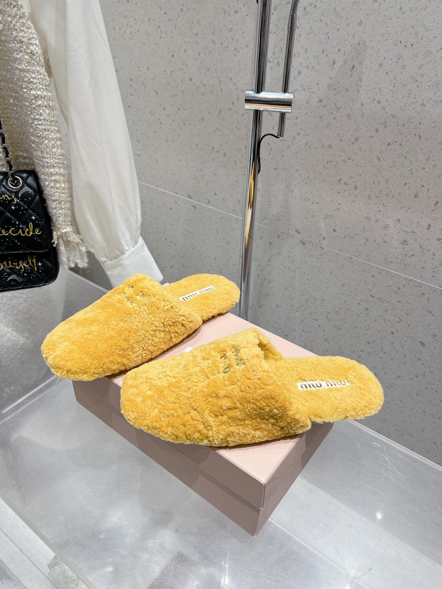 Miu Slippers Dark Yellow Wool Fabric