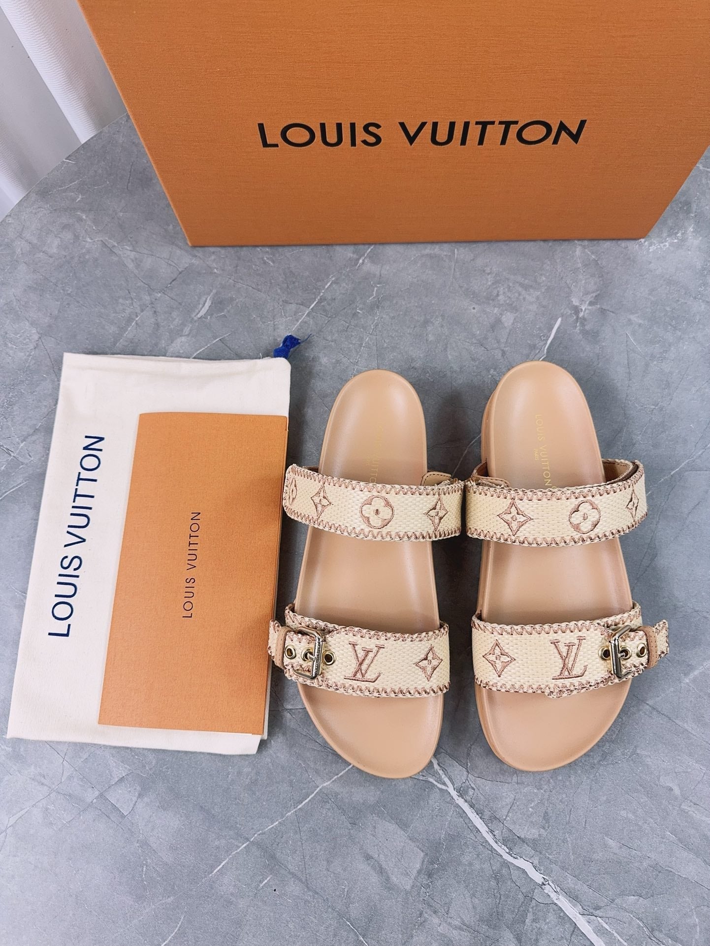 LV Sandals Dark Beige Embroidered Sedge