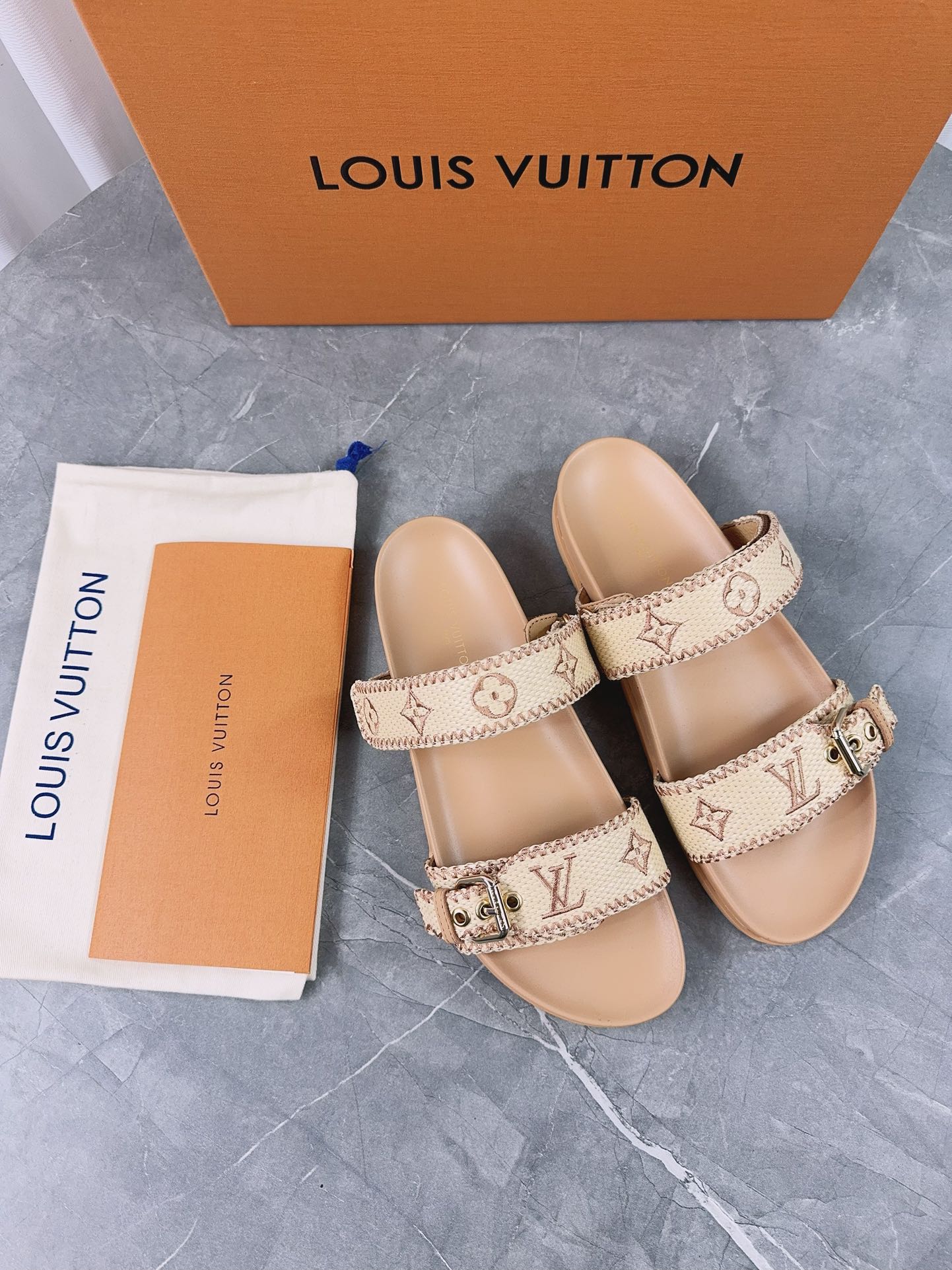 LV Sandals Dark Beige Embroidered Sedge
