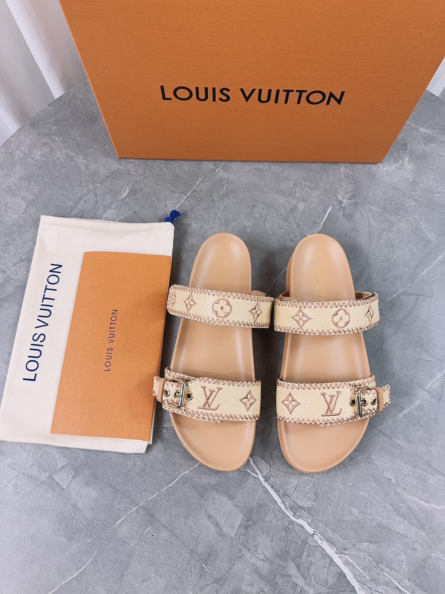 LV Sandals Dark Beige Embroidered Sedge
