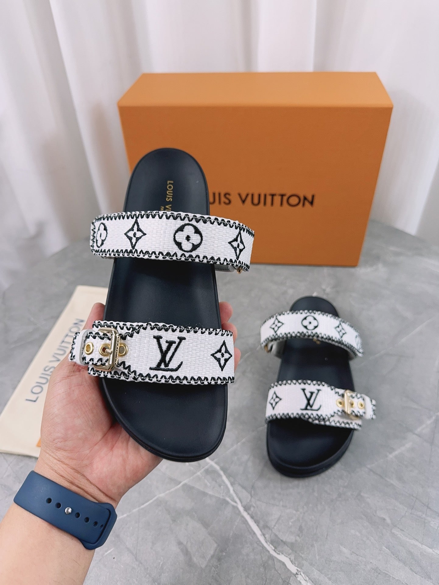 LV Sandals Black Mix White Embroidered Sedge