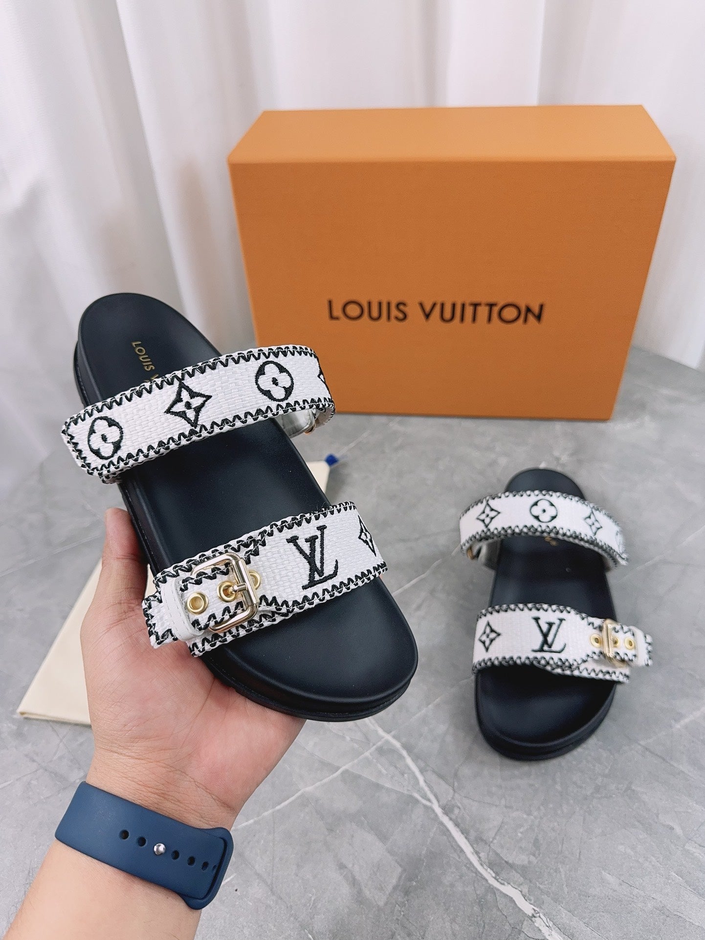 LV Sandals Black Mix White Embroidered Sedge