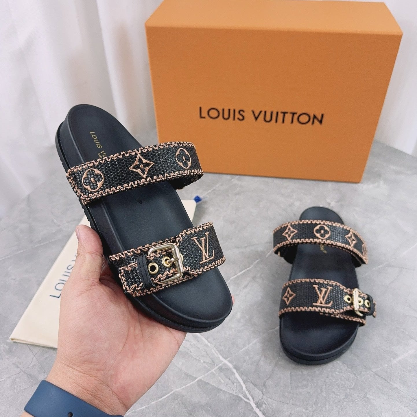 LV Sandals Black Embroidered Sedge