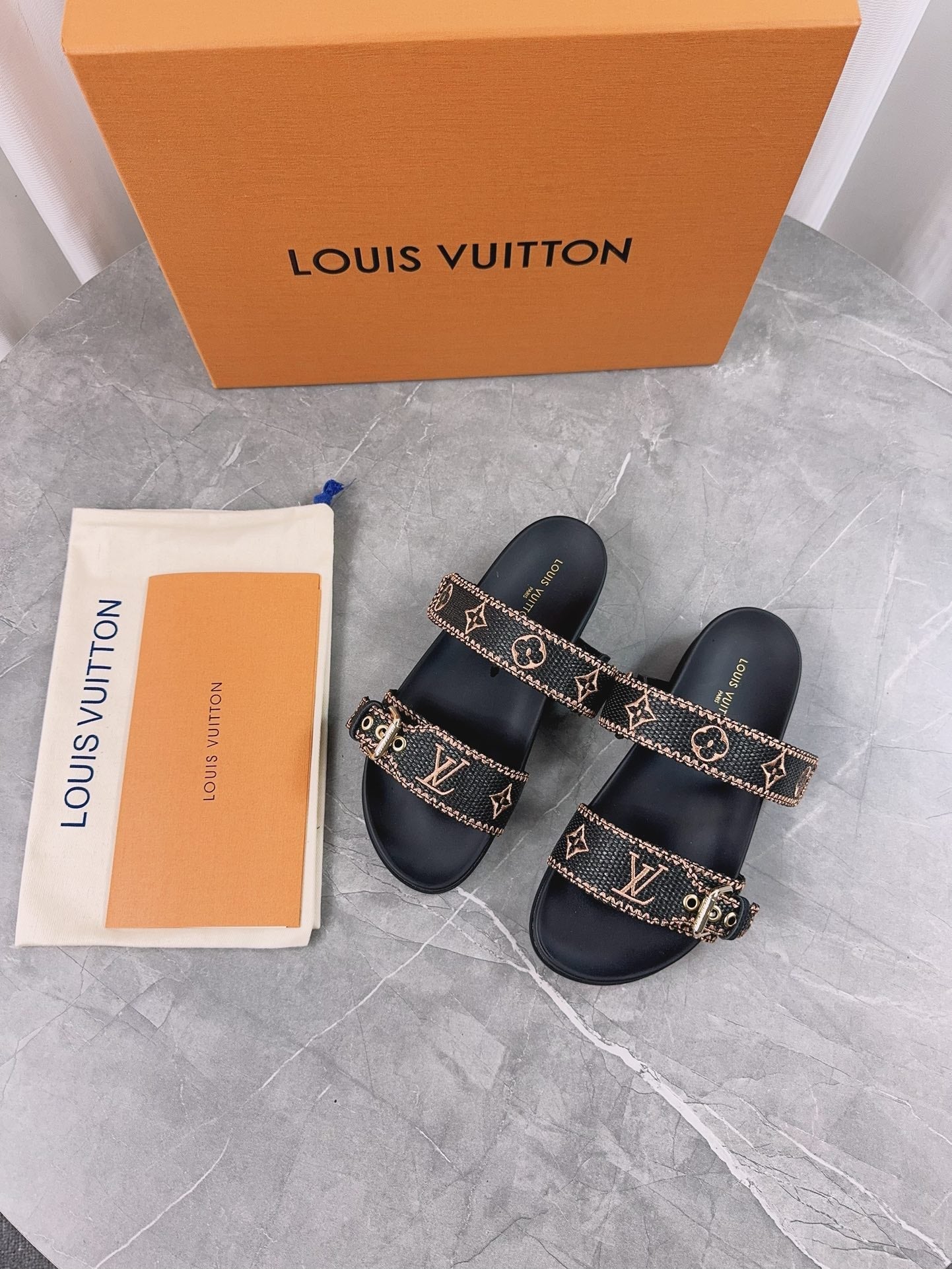 LV Sandals Black Embroidered Sedge