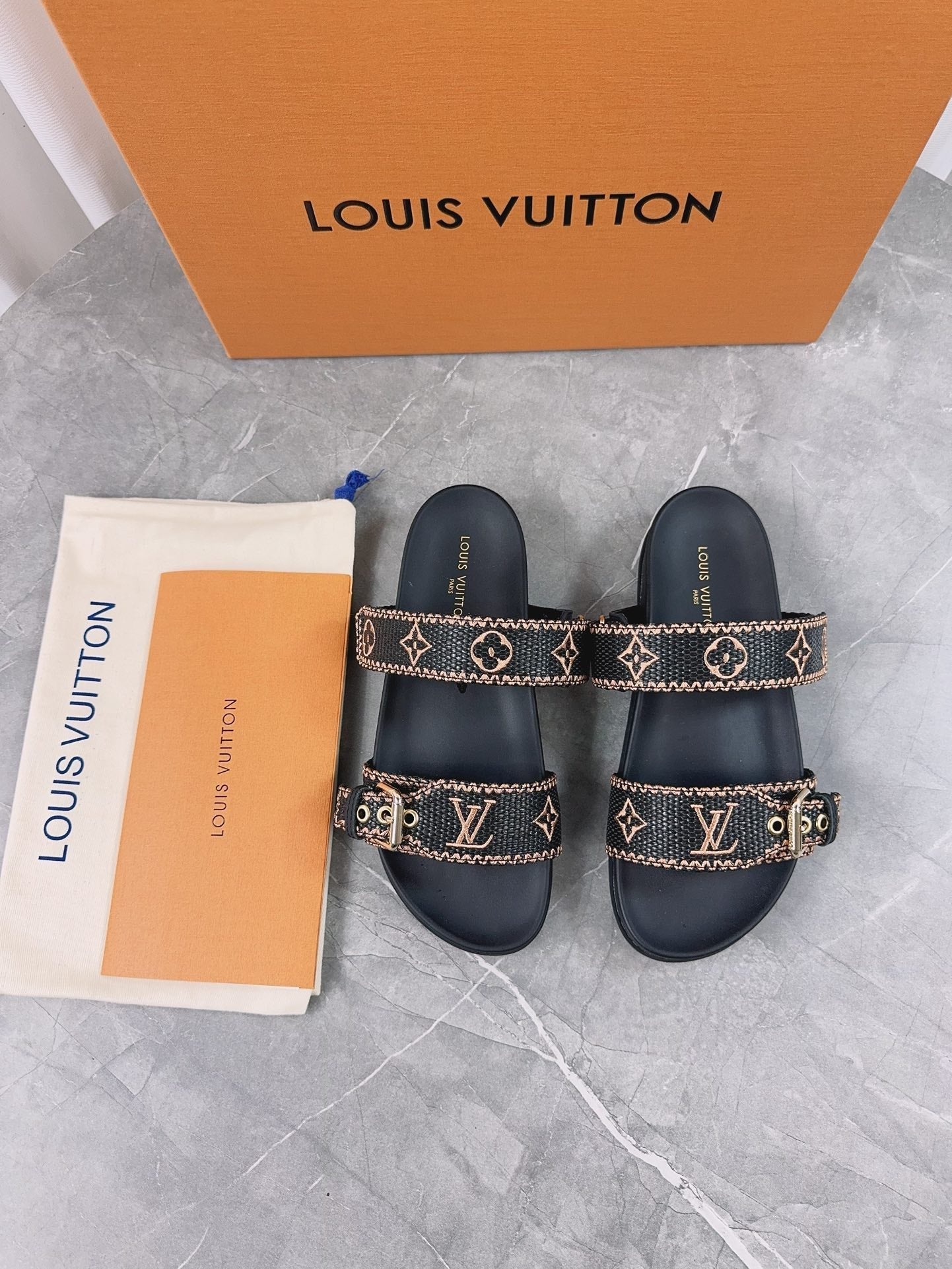 LV Sandals Black Embroidered Sedge