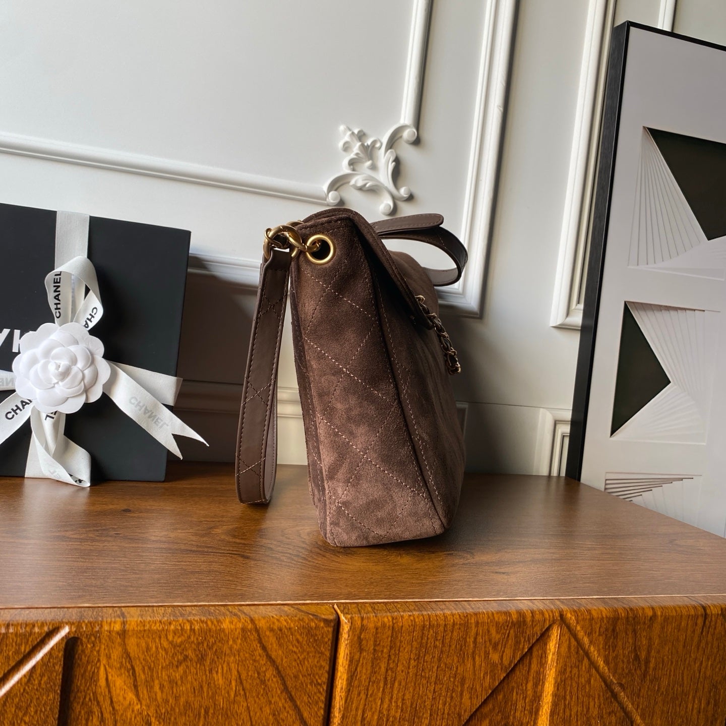 Chanel 2025 Messenger Bag 30cm Brown Suede Gold Hardware 321011